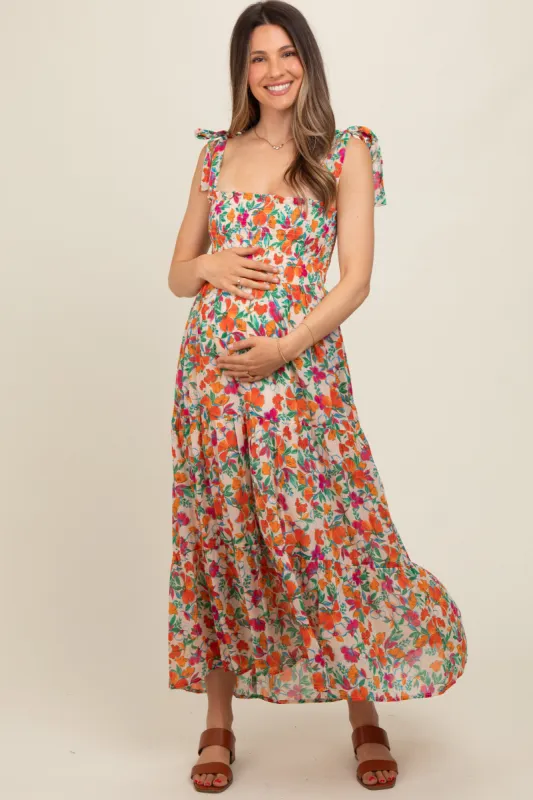 Cream Multi-Color Floral Smocked Sleeveless Maternity Maxi Dress sold by Pinkblush