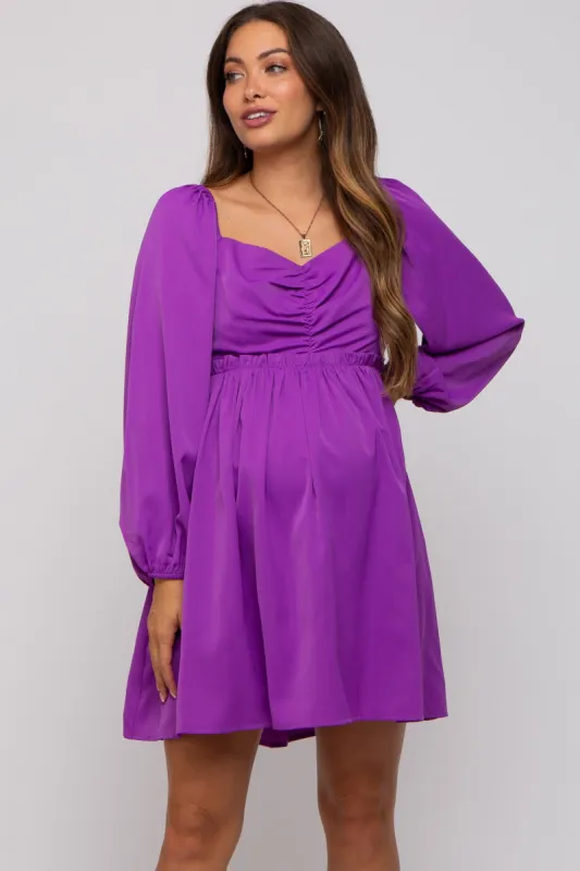 Purple Gathered Waist Long Sleeve Maternity Dress sold by Pinkblush