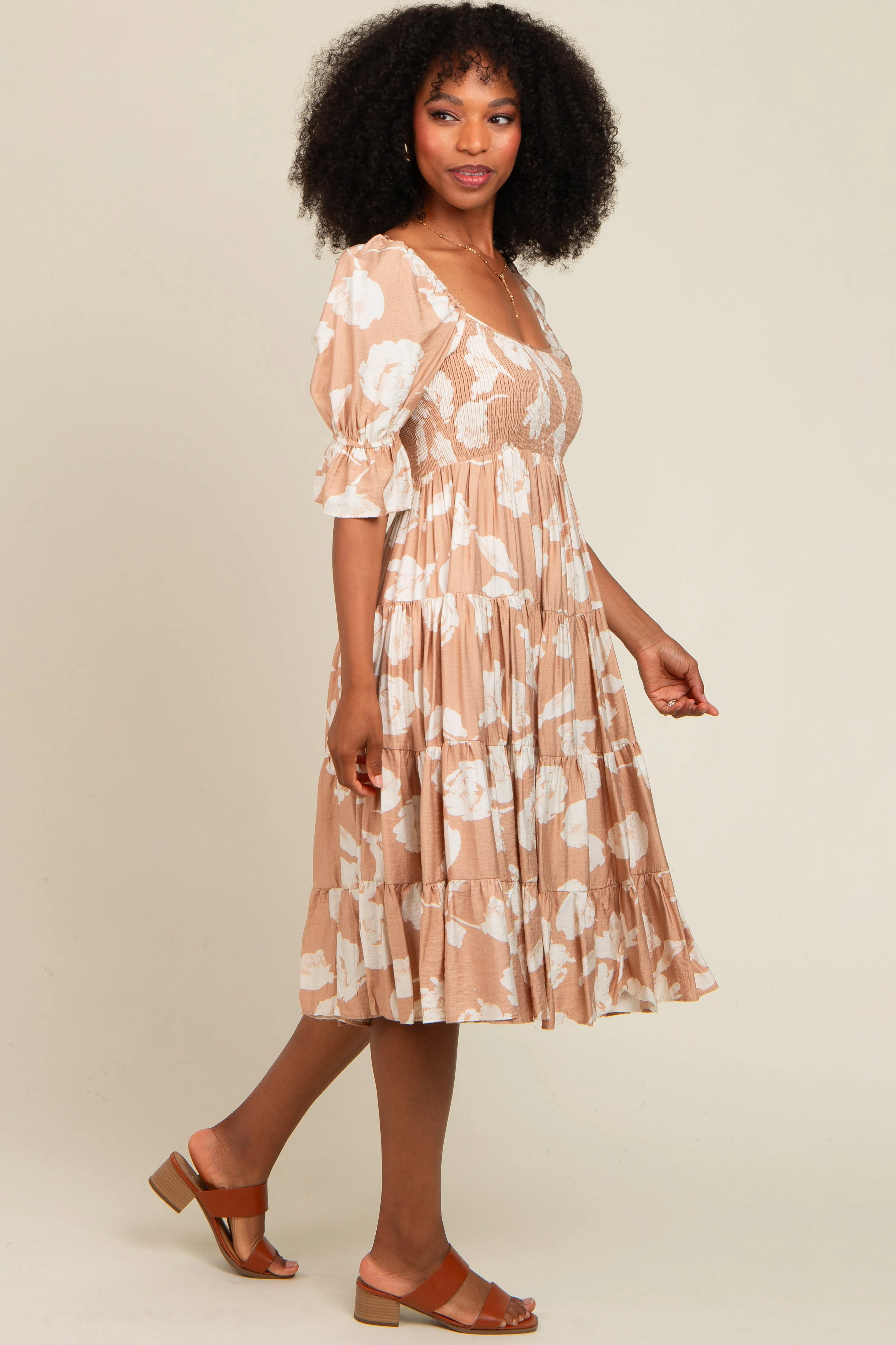 Mocha Rose Print Tiered Smocked Midi Dress sold by Pinkblush product image thumbnail 2