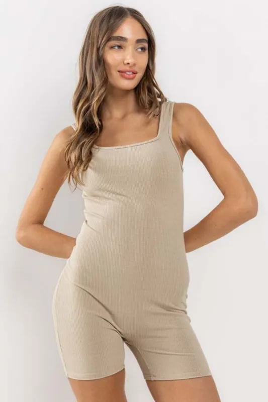 Taupe Ribbed Square Neck Sleeveless Romper sold by Pinkblush