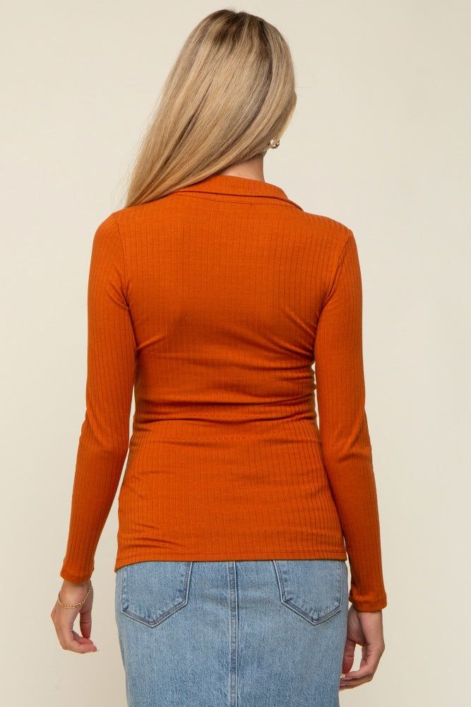 Rust Ribbed Collared Long Sleeve Maternity Top sold by Pinkblush product image thumbnail 5
