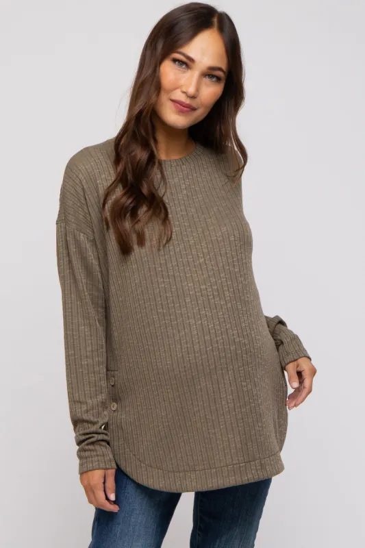 Olive Ribbed Round Hem Button Maternity Top sold by Pinkblush