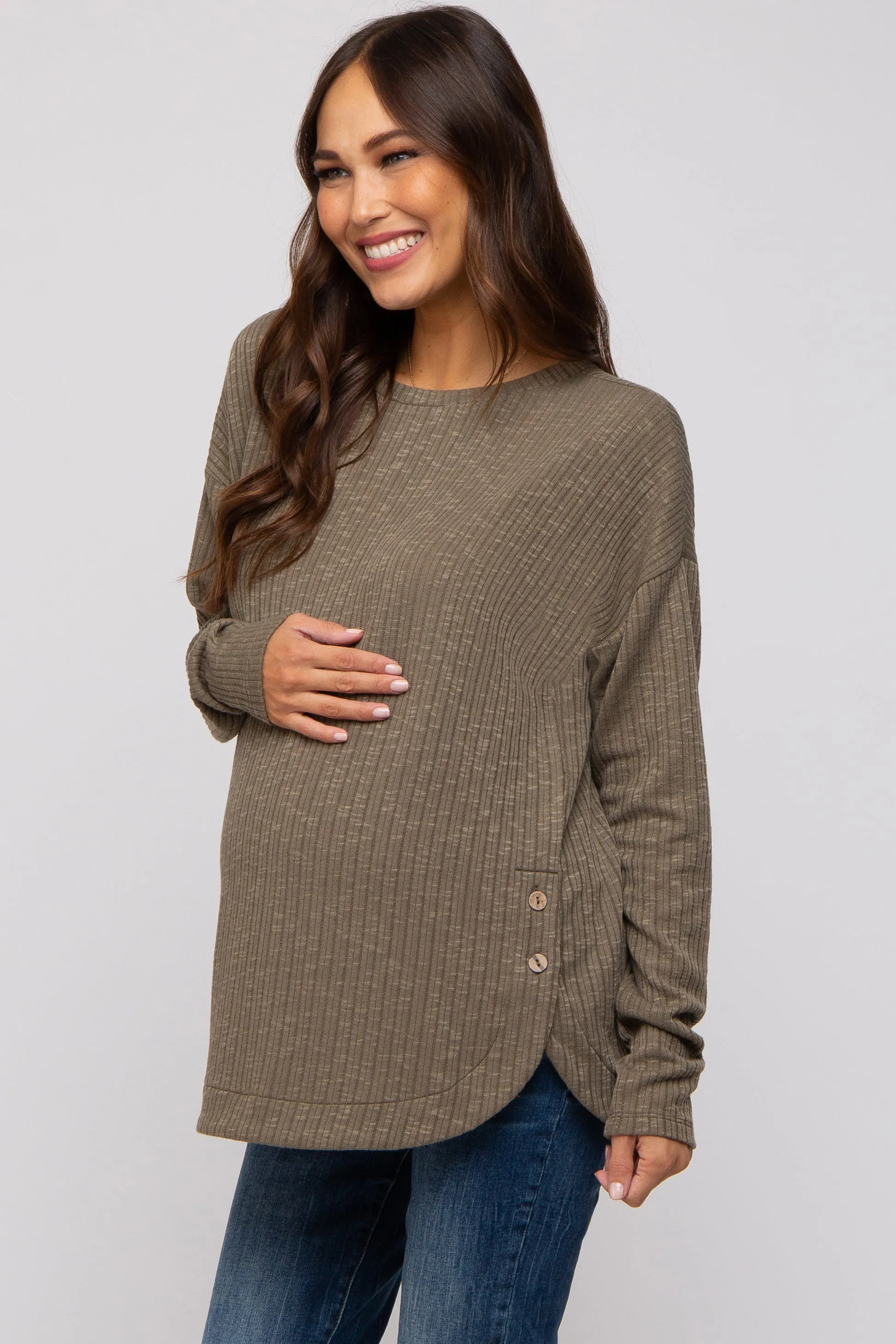 Olive Ribbed Round Hem Button Maternity Top sold by Pinkblush product image thumbnail 2