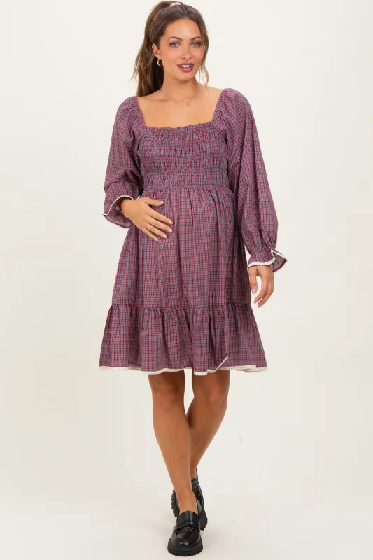 Cranberry Vintage Checked Plaid Square-Neck Maternity Dress sold by Pinkblush