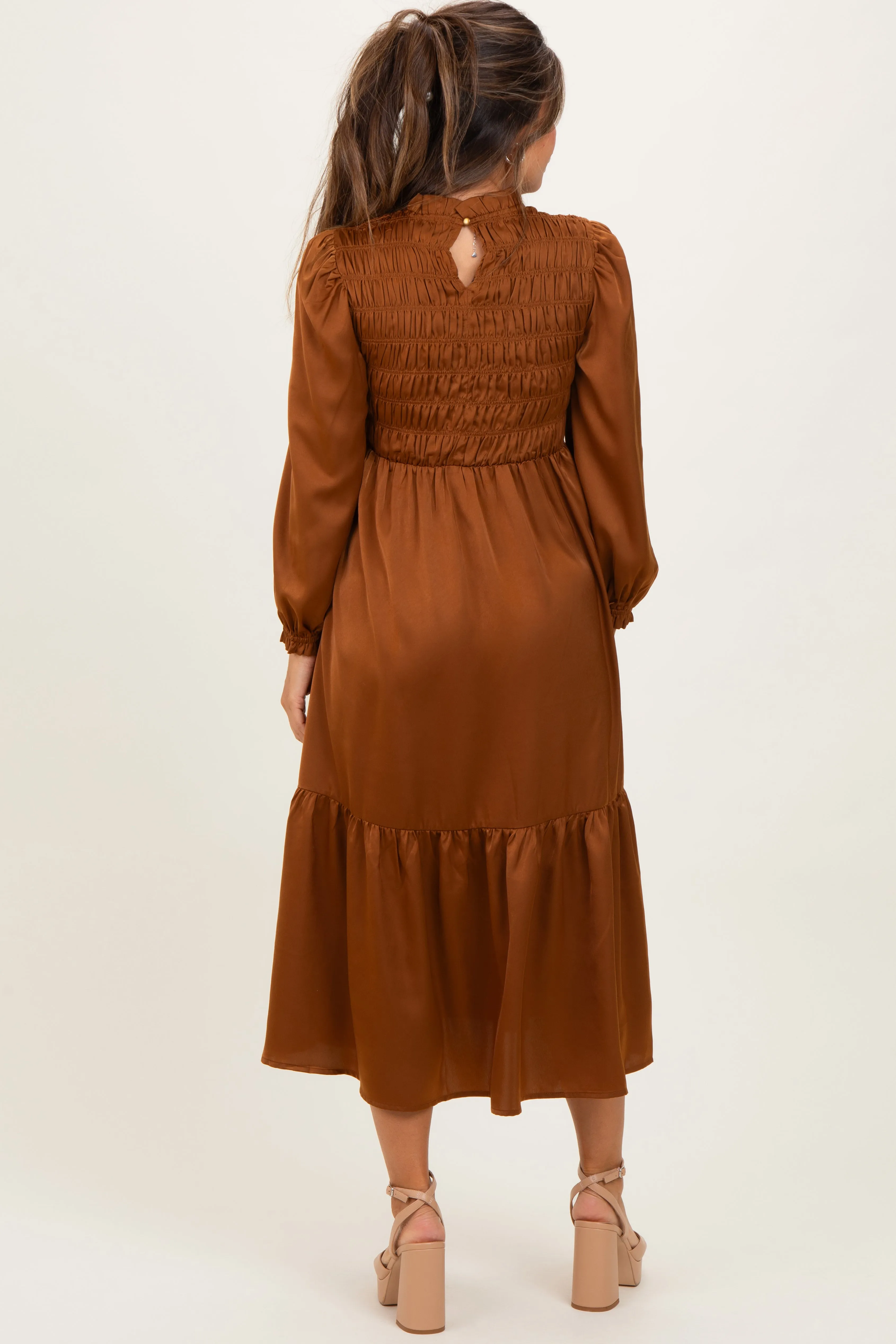 Mocha Mock Neck Satin Smocked Chest Maternity Dress sold by Pinkblush product image thumbnail 4