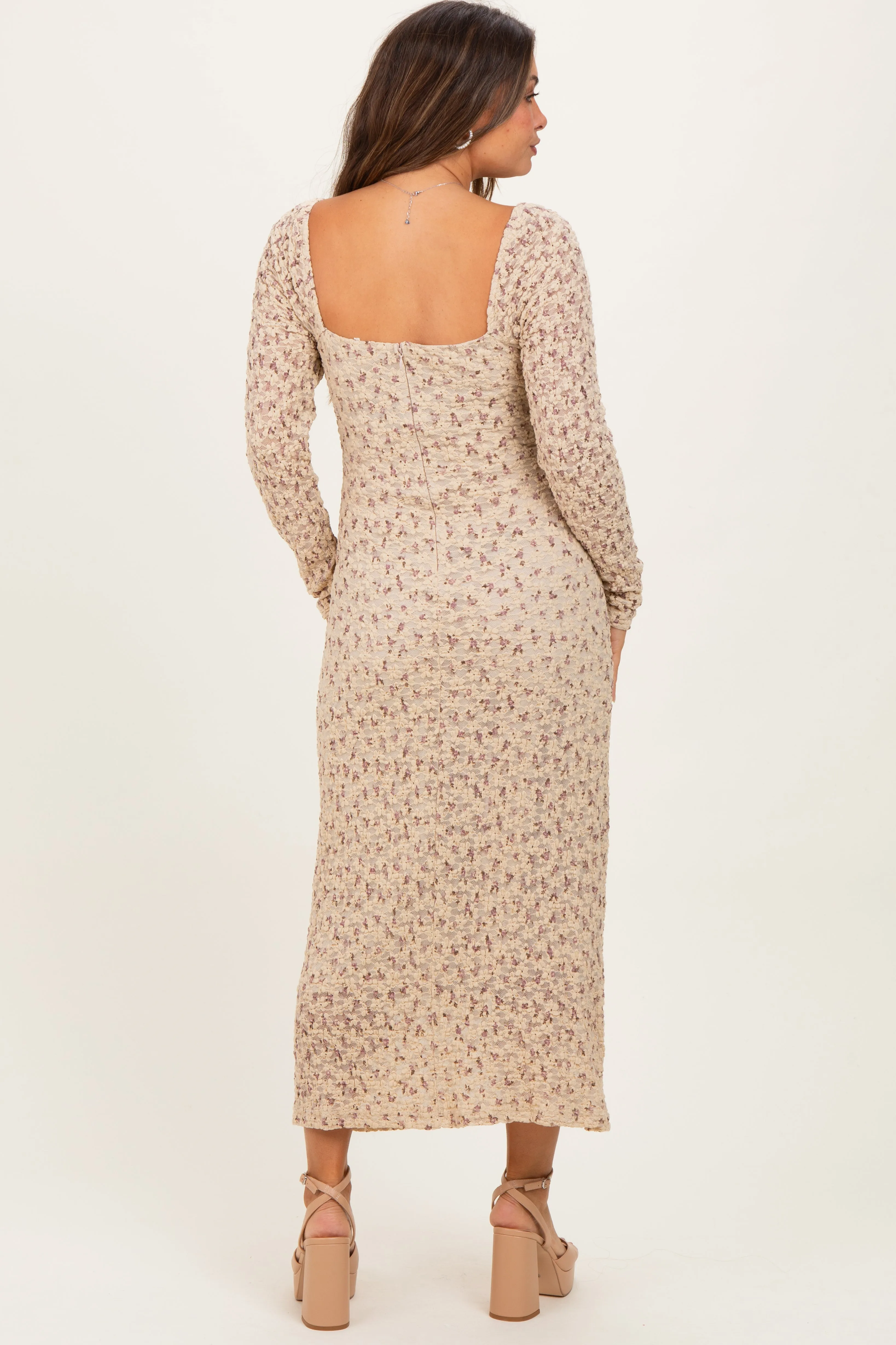 Beige Floral Sweetheart Neckline Long Sleeve Maternity Maxi Dress sold by Pinkblush product image thumbnail 4
