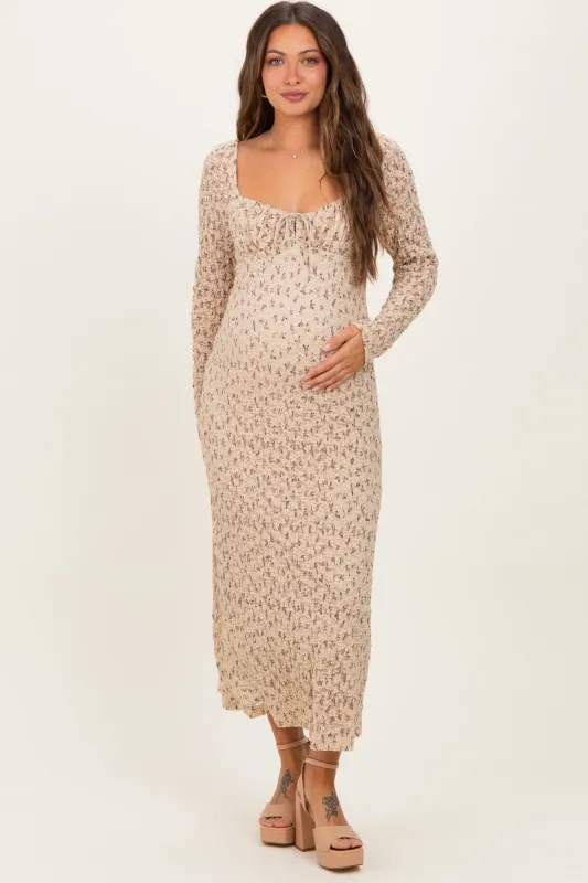 Beige Floral Sweetheart Neckline Long Sleeve Maternity Maxi Dress sold by Pinkblush