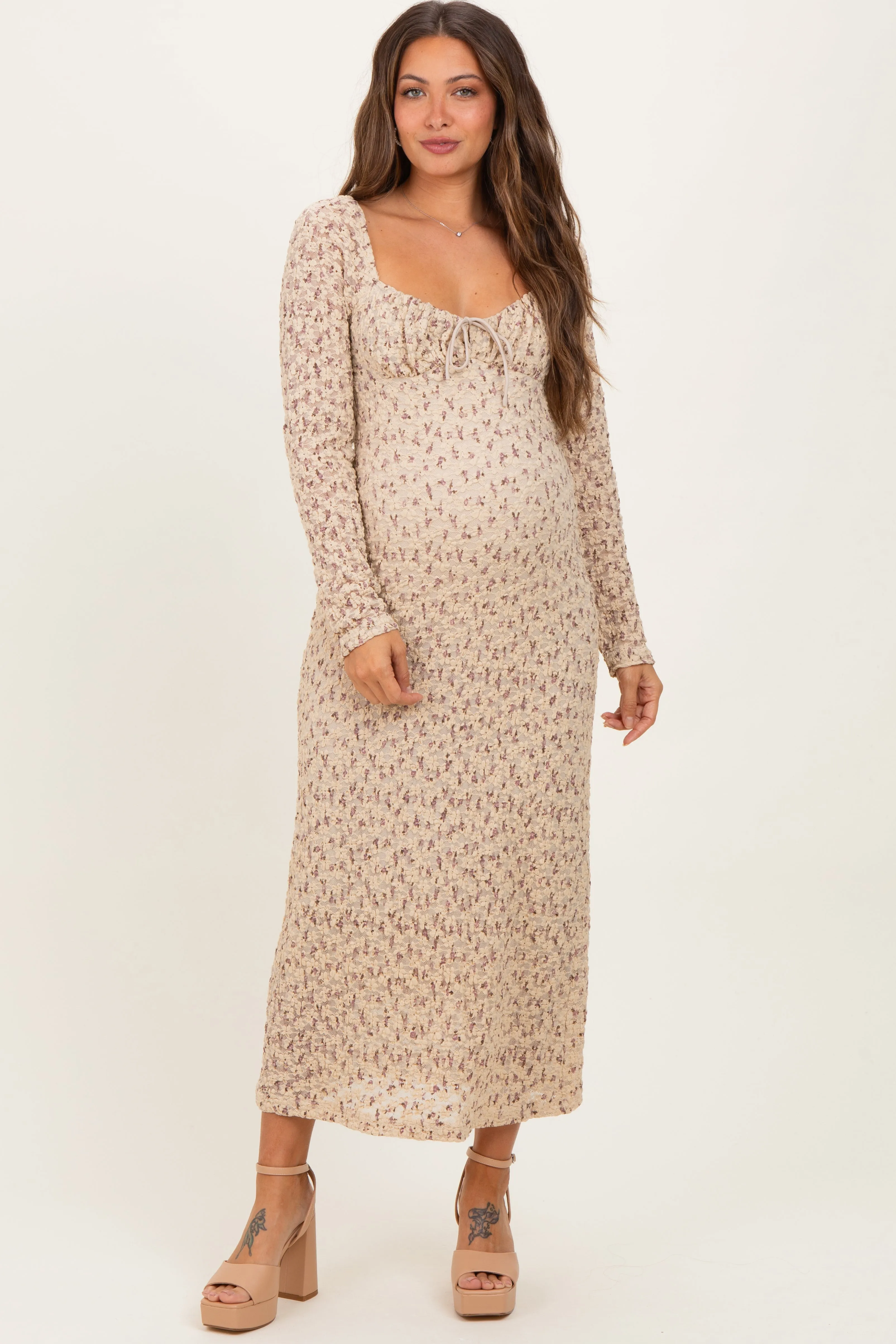 Beige Floral Sweetheart Neckline Long Sleeve Maternity Maxi Dress sold by Pinkblush product image thumbnail 2