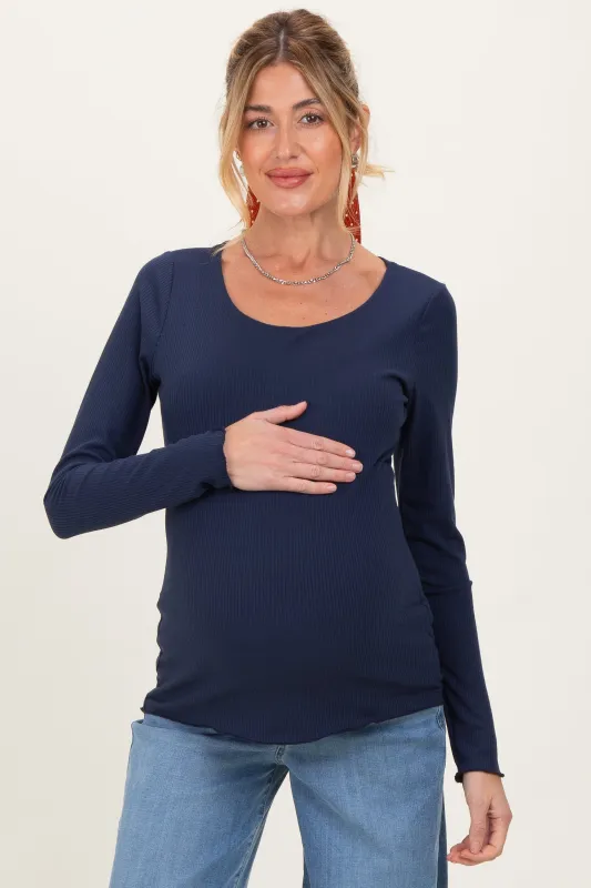 Navy Ribbed Long Sleeve Lettuce Trim Maternity Top sold by Pinkblush