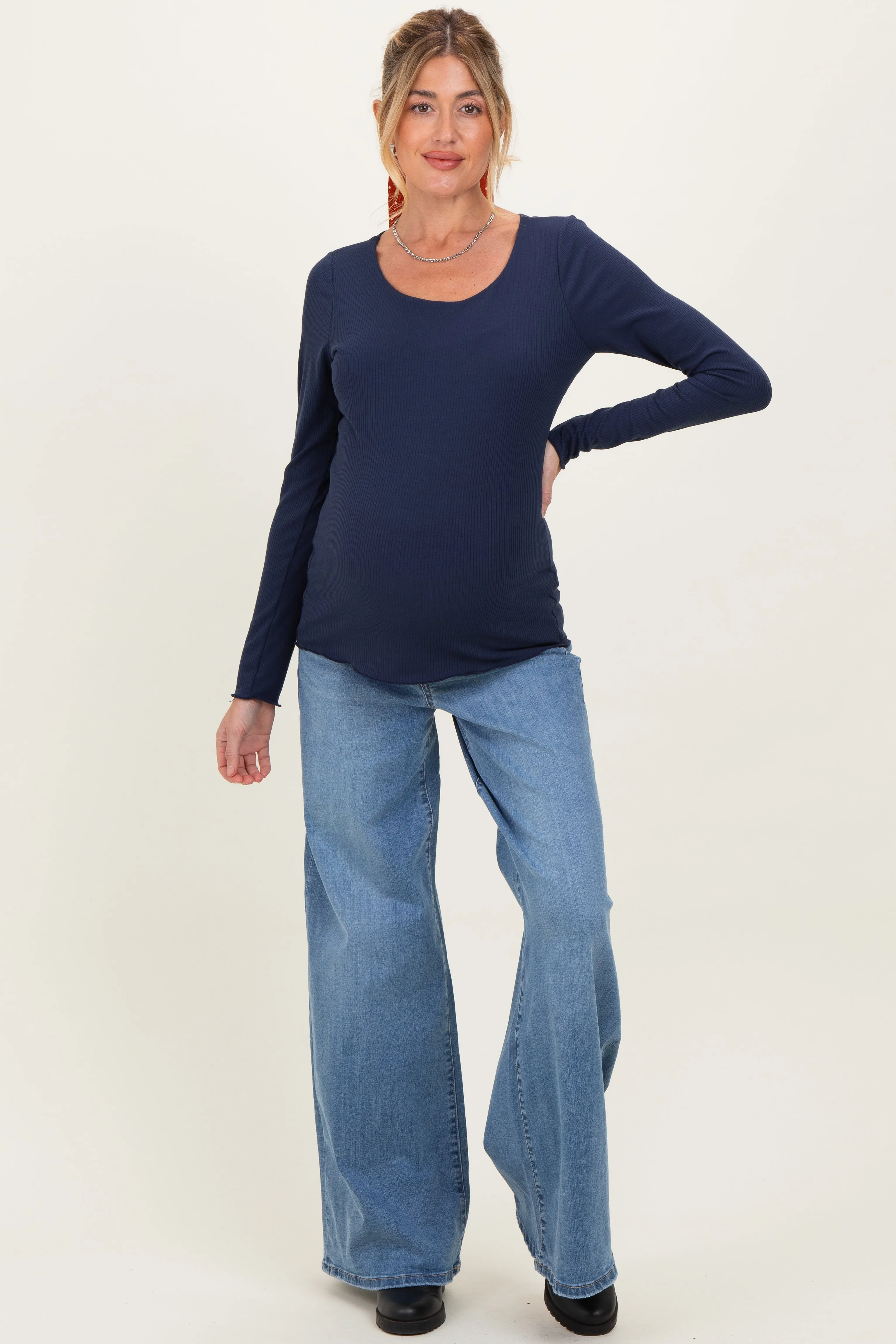 Navy Ribbed Long Sleeve Lettuce Trim Maternity Top sold by Pinkblush product image thumbnail 2