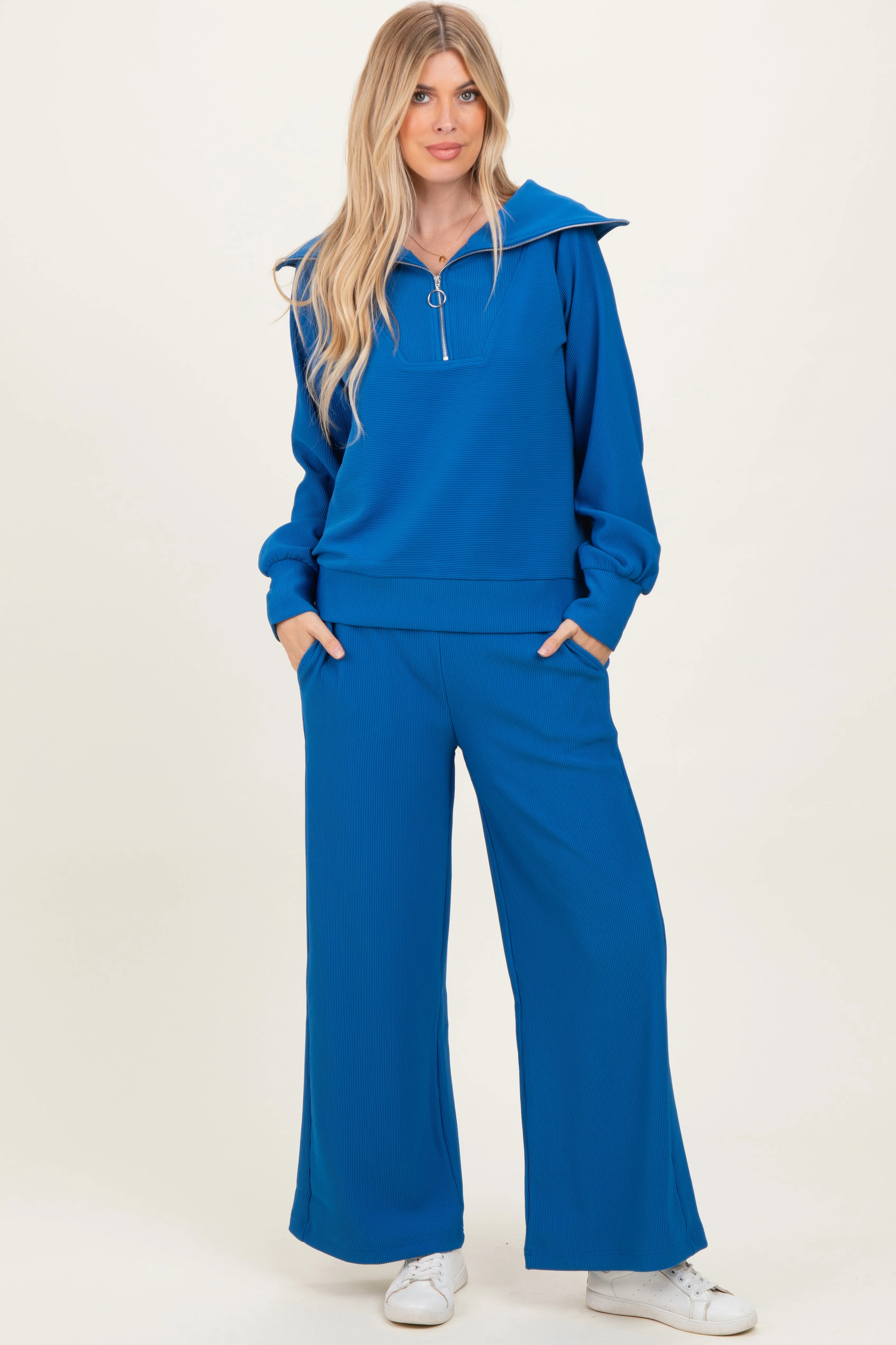 Blue Ribbed High Neck Half Zip Pullover Maternity Pant Set sold by Pinkblush product image thumbnail 4