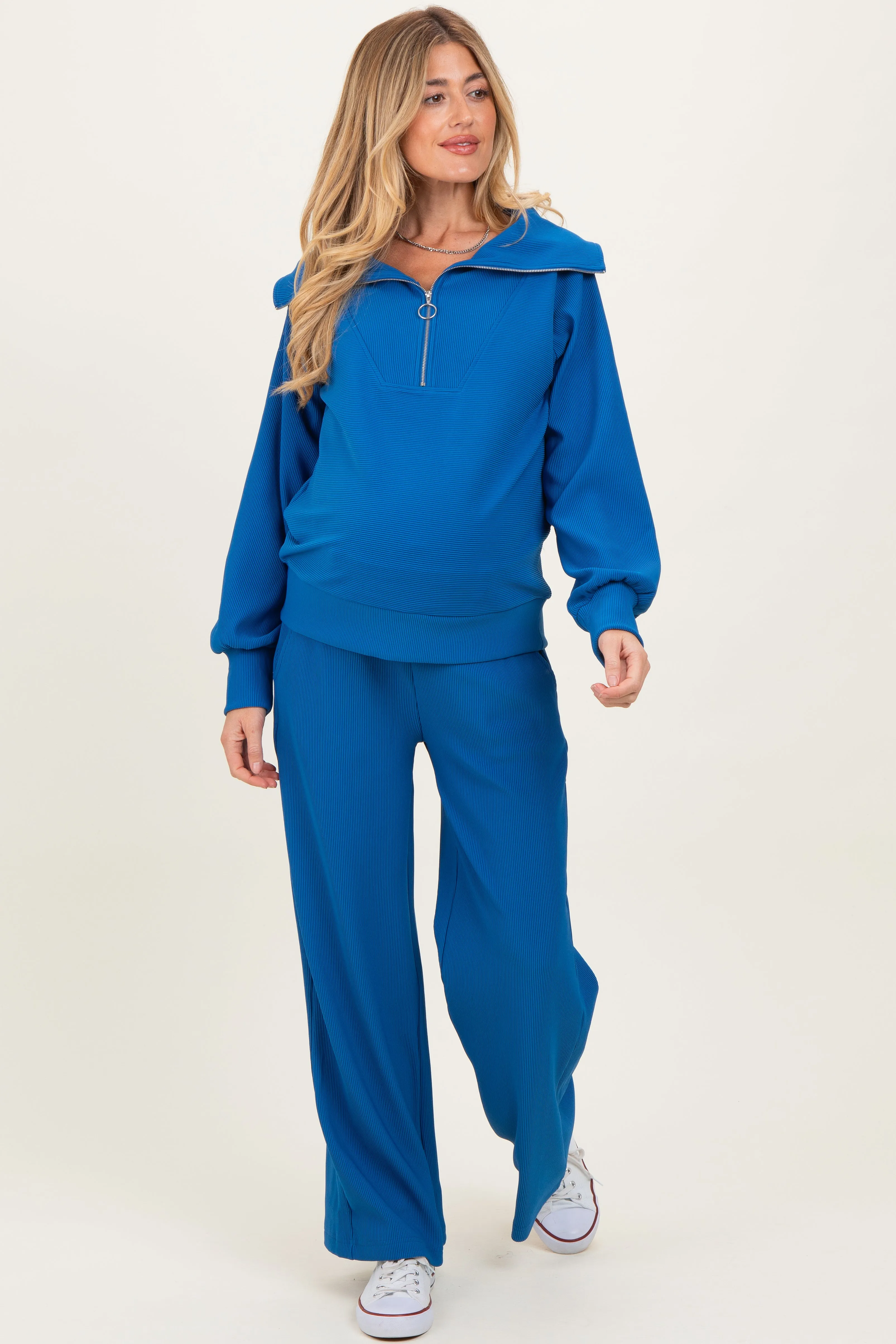 Blue Ribbed High Neck Half Zip Pullover Maternity Pant Set sold by Pinkblush