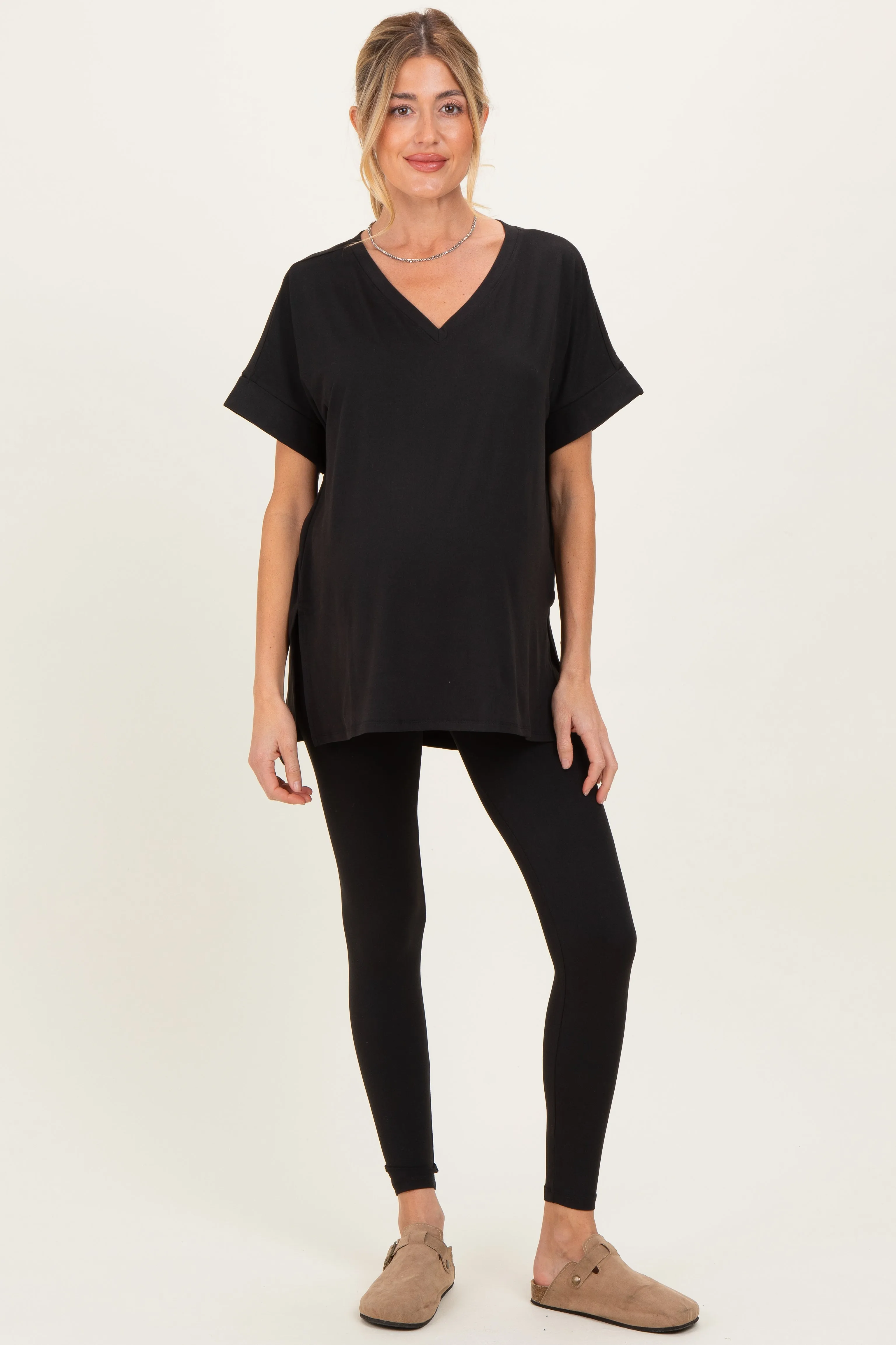 Black Oversized V-Neck Tee Legging Maternity Lounge Set sold by Pinkblush