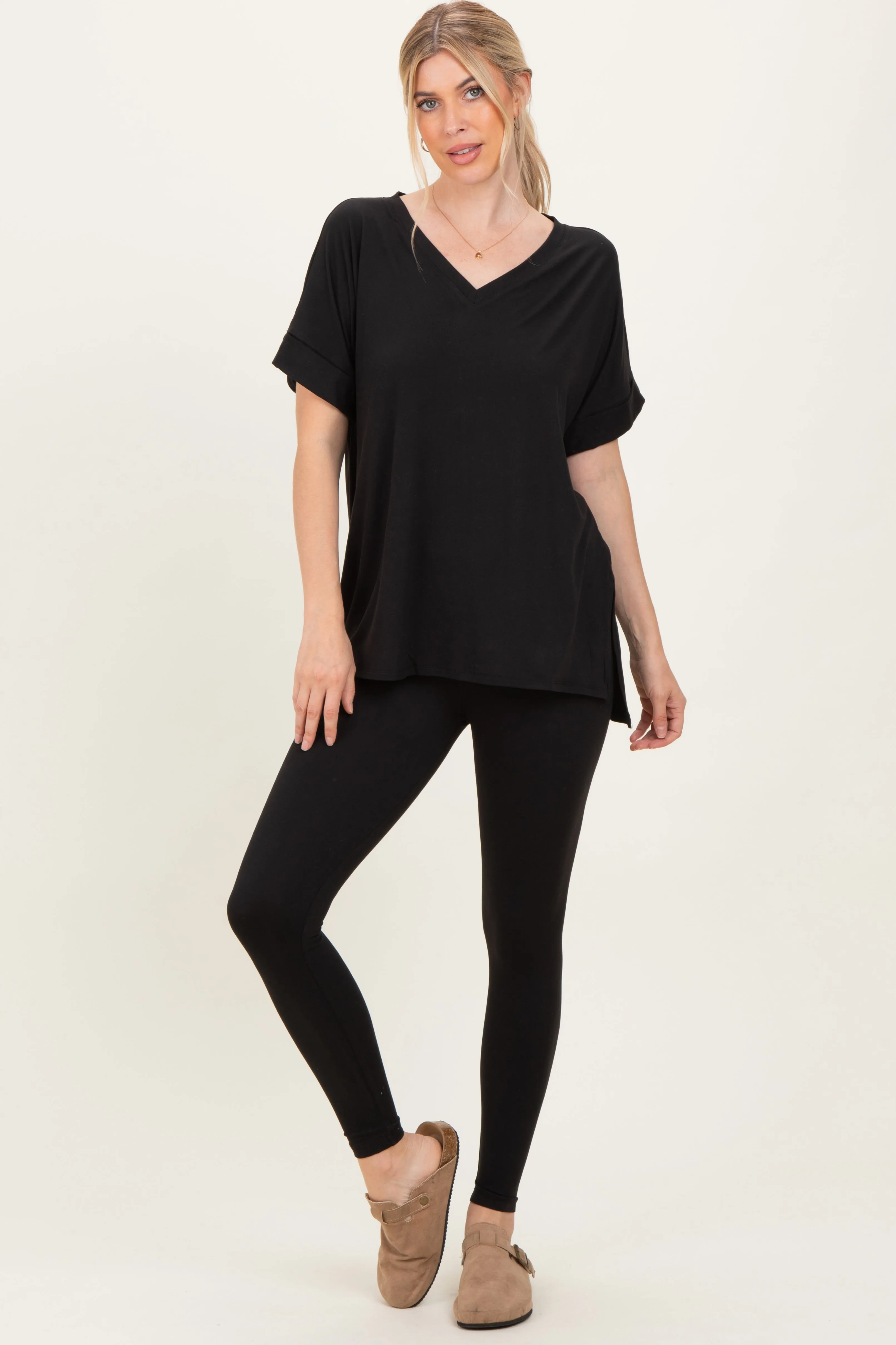 Black Oversized V-Neck Tee Legging Maternity Lounge Set sold by Pinkblush product image thumbnail 5