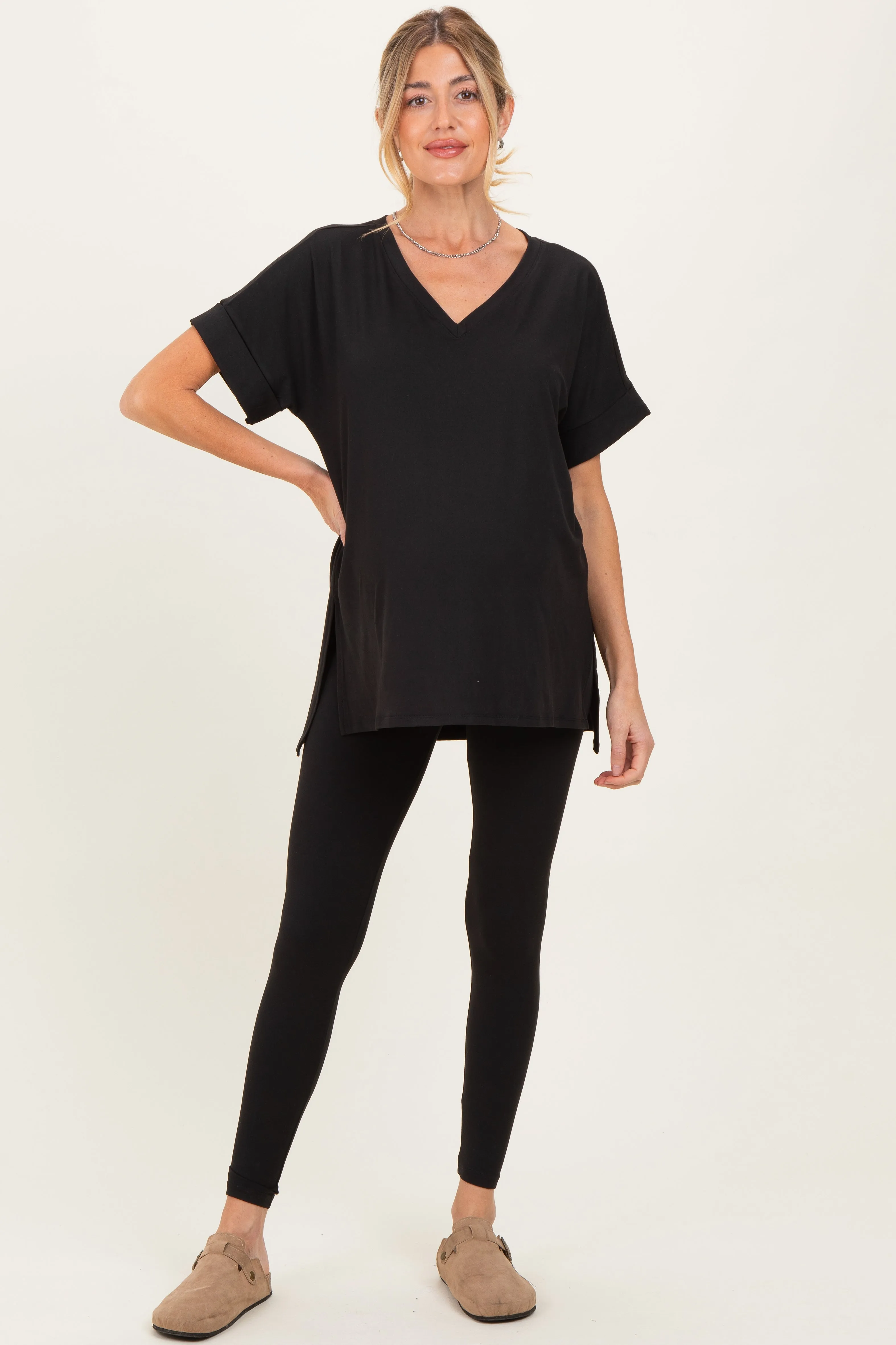Black Oversized V-Neck Tee Legging Maternity Lounge Set sold by Pinkblush product image thumbnail 2