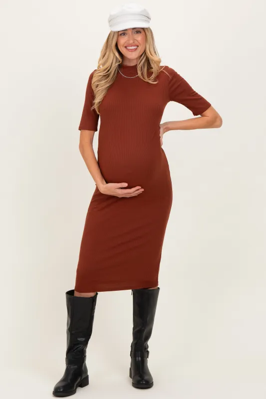 Maroon Ribbed Mock Neck Maternity Midi Dress sold by Pinkblush