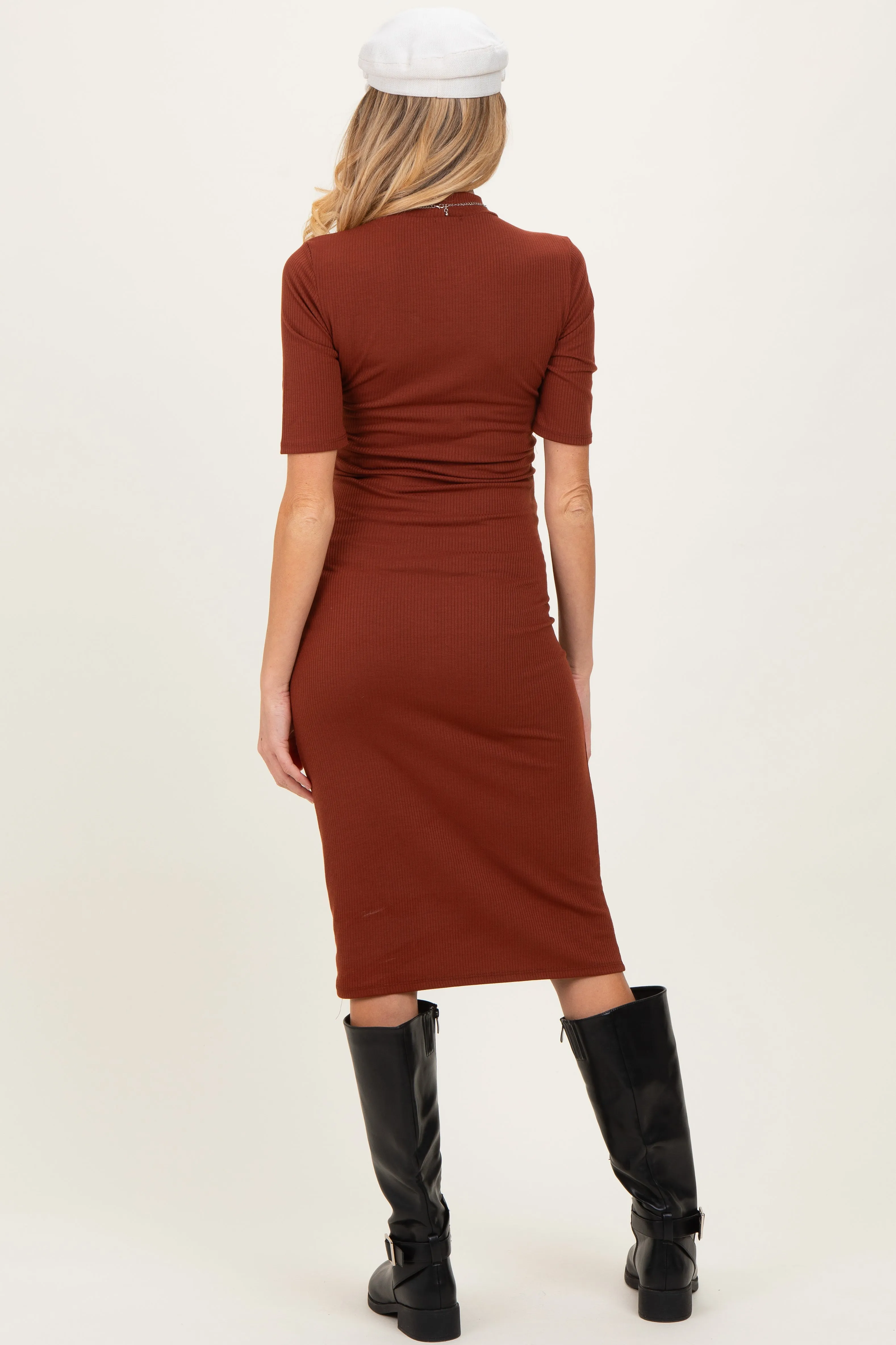 Maroon Ribbed Mock Neck Maternity Midi Dress sold by Pinkblush product image thumbnail 3