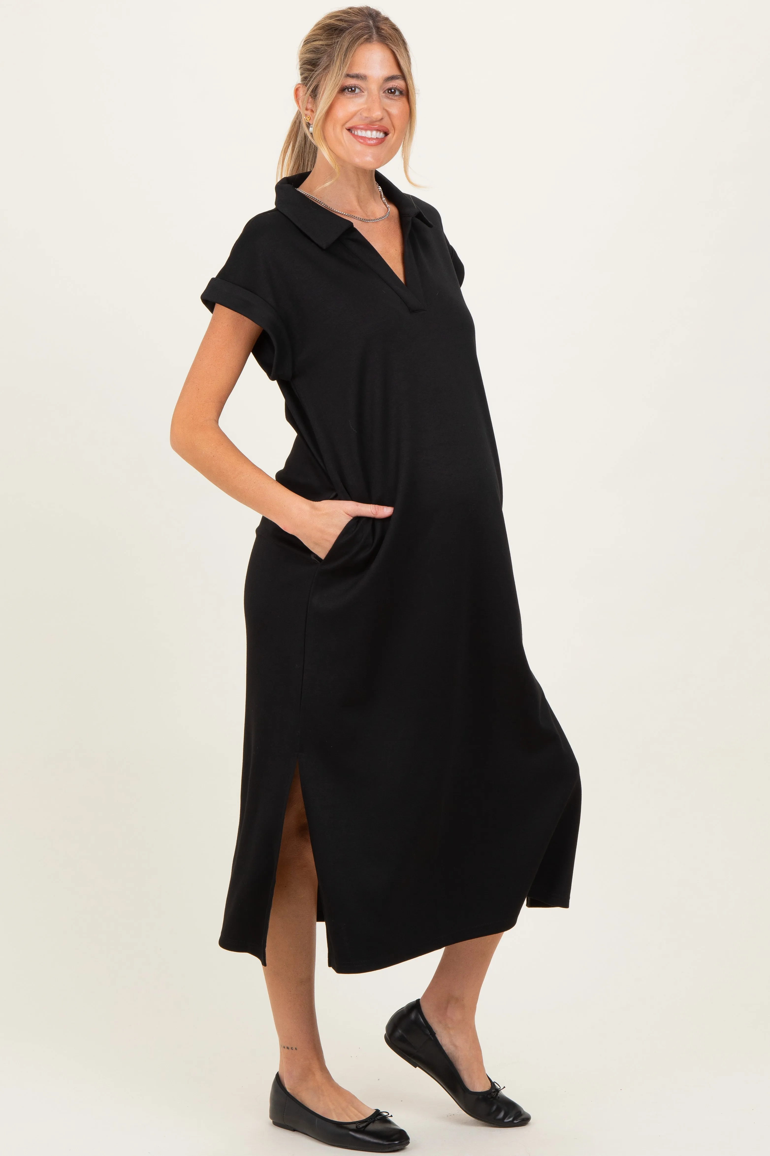 Black Collared Oversized Maternity Midi Dress sold by Pinkblush product image thumbnail 2