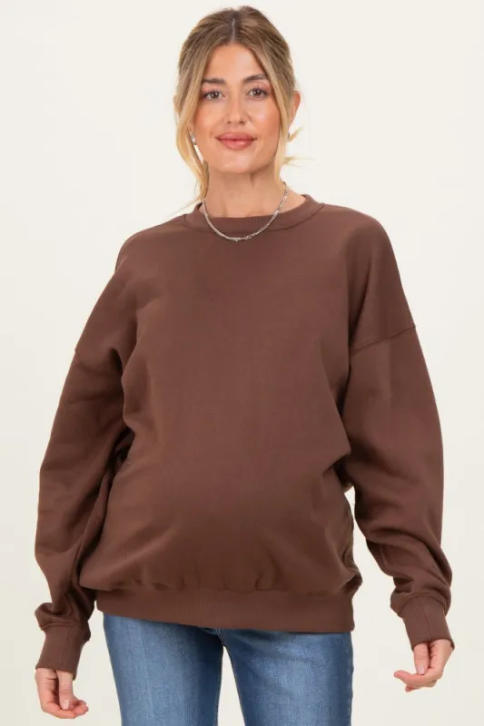 Brown Oversized Maternity Fleece Sweatshirt sold by Pinkblush