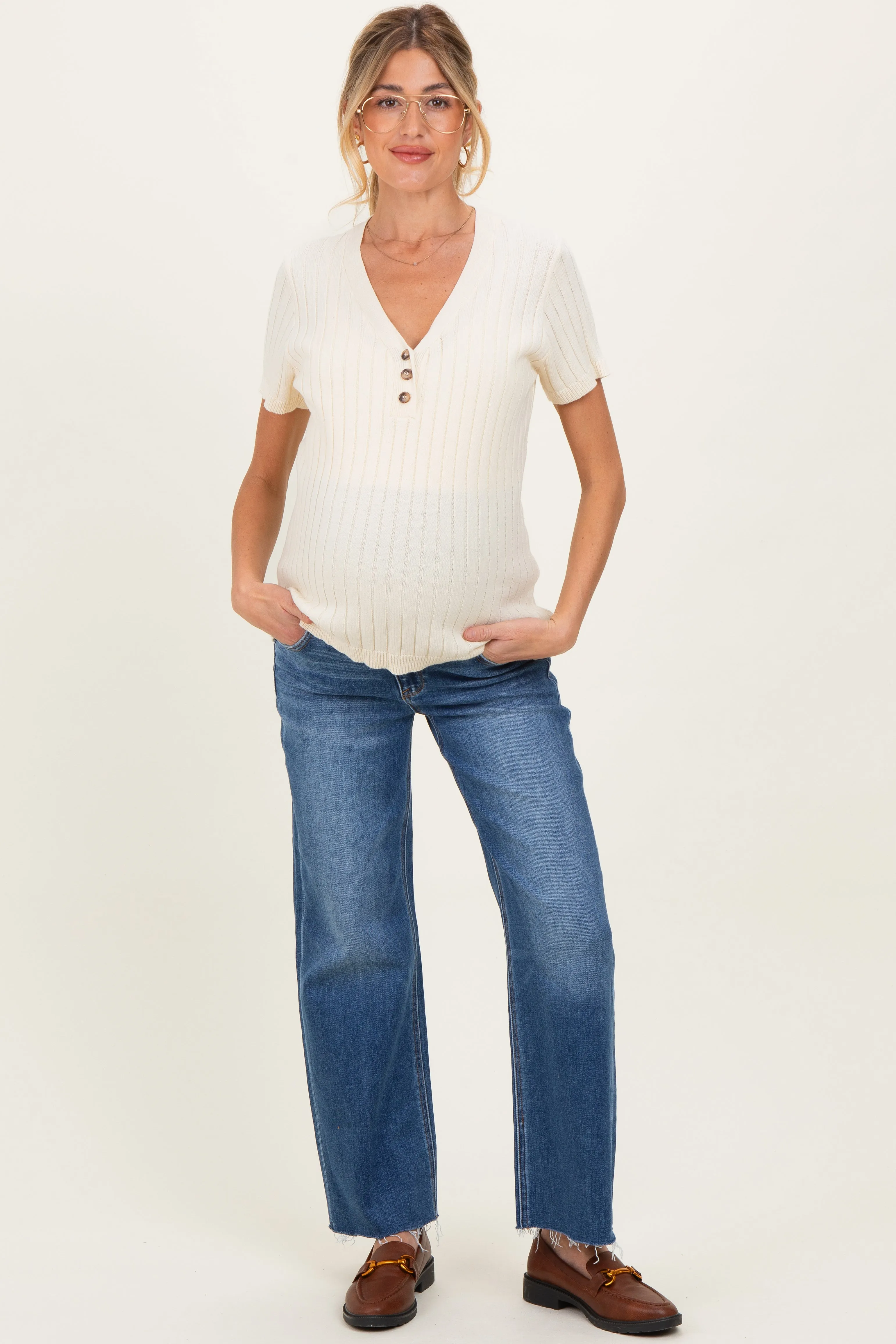 Blue Raw Hem Maternity Cropped Wide Leg Jeans sold by Pinkblush
