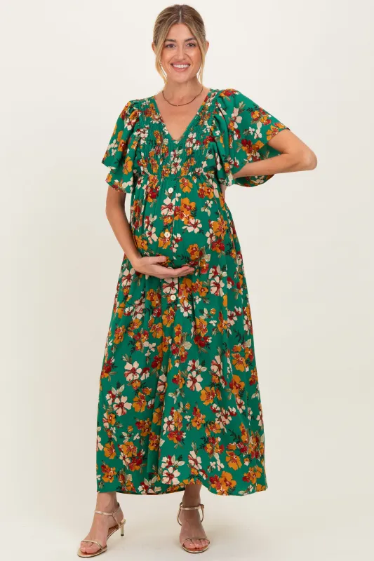 Hunter Green Fall Floral Short Sleeve V-Neck Maternity Maxi Dress sold by Pinkblush