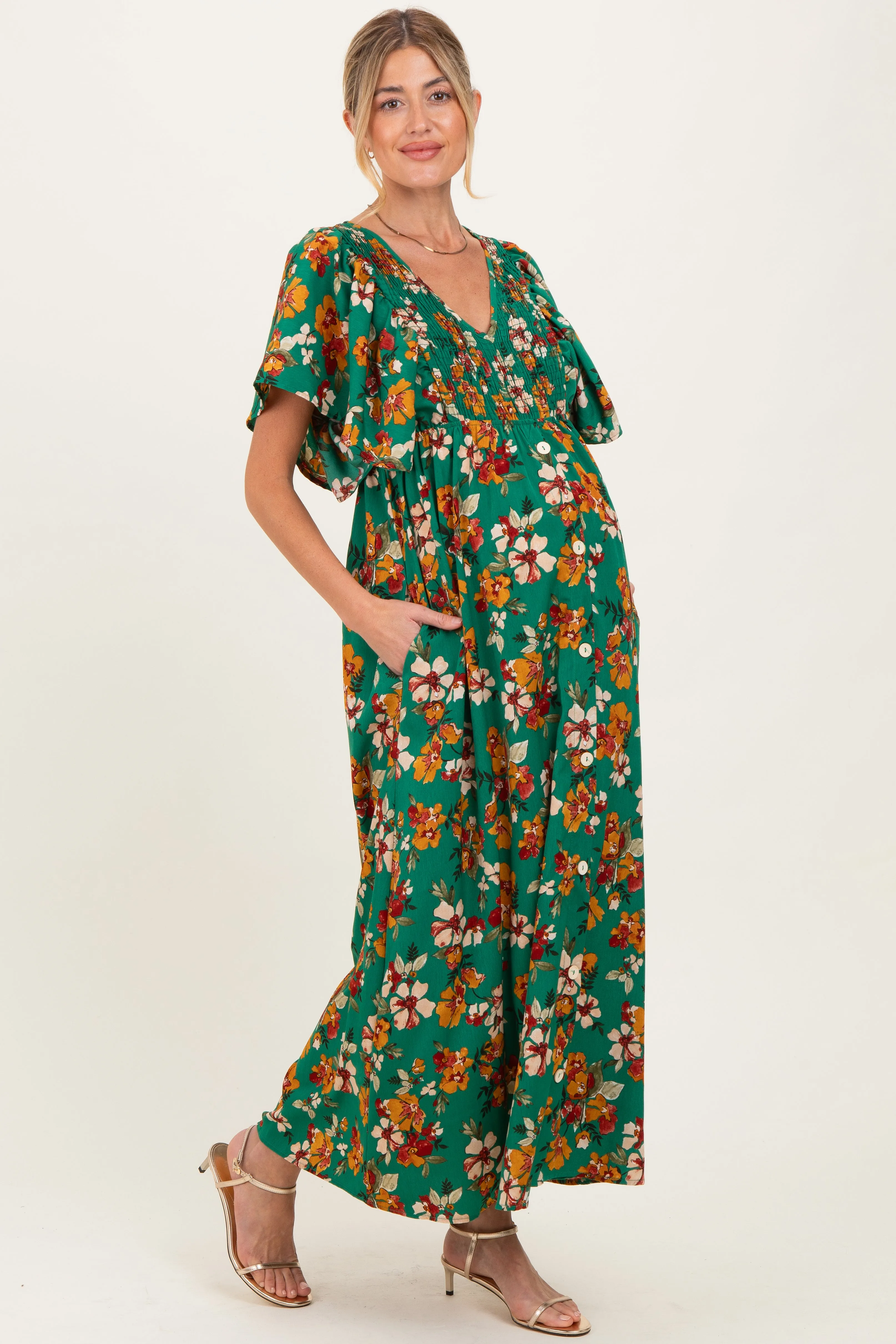 Hunter Green Fall Floral Short Sleeve V-Neck Maternity Maxi Dress sold by Pinkblush product image thumbnail 3