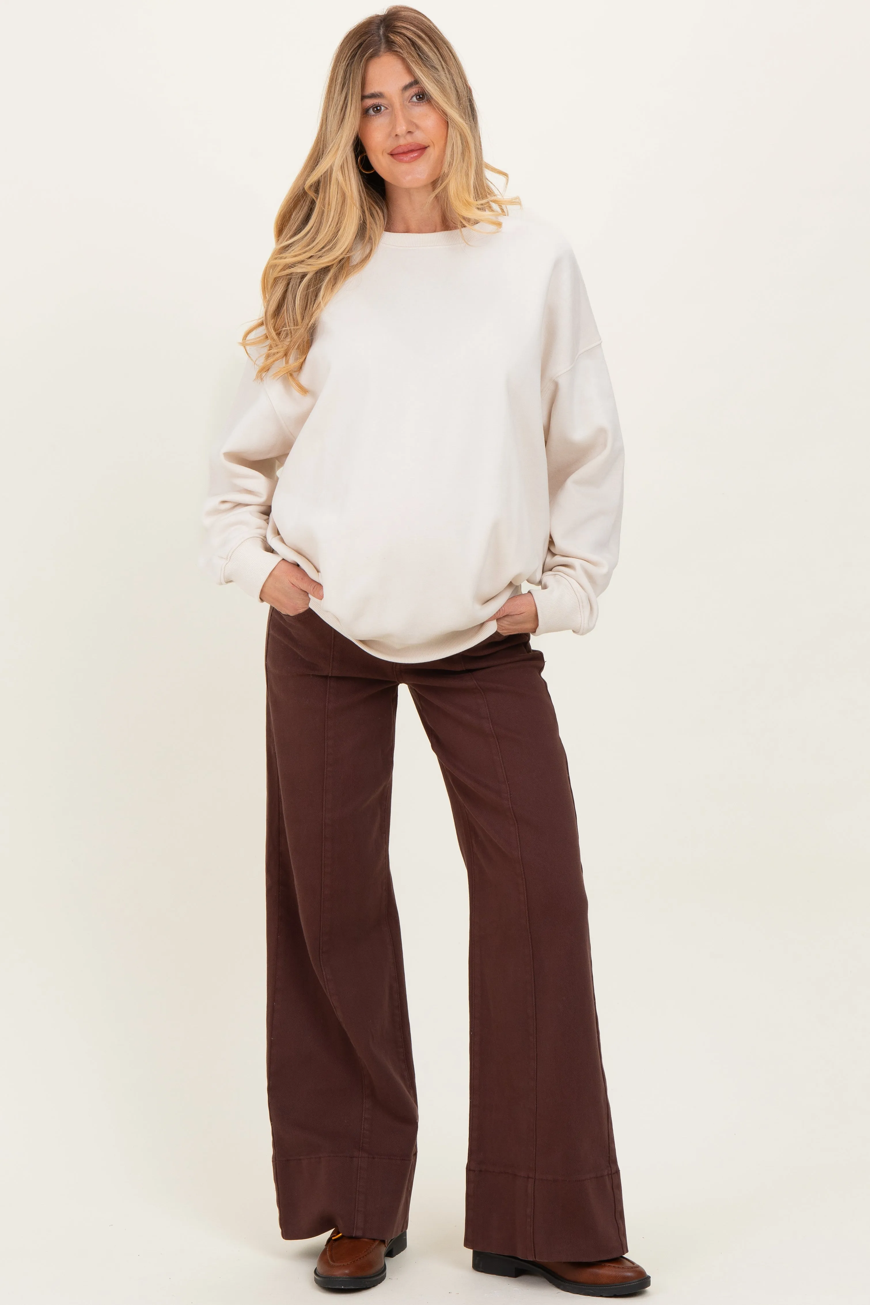 Brown Front Seam Wide Leg Maternity Jeans sold by Pinkblush