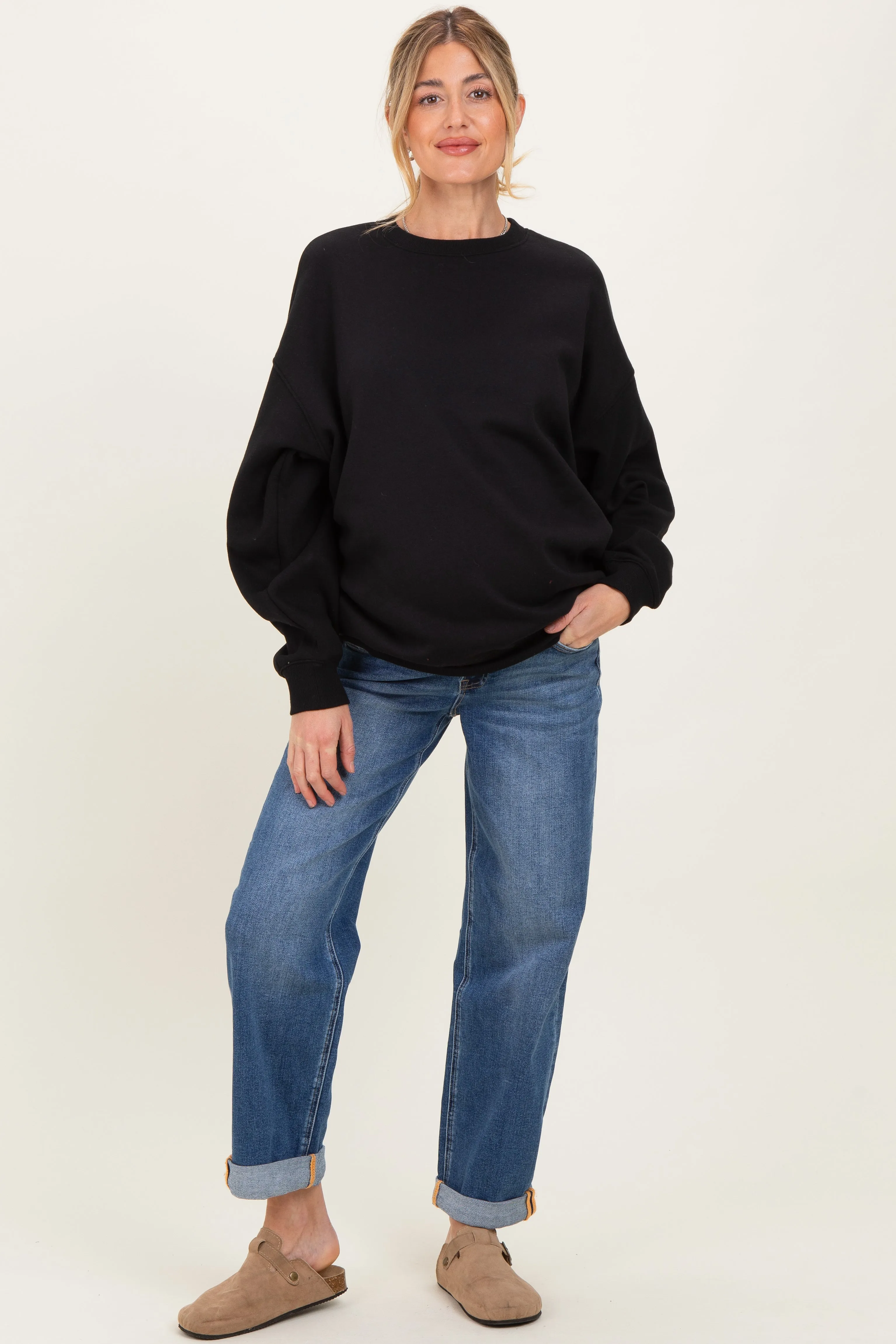 Navy Rolled Hem Maternity Boyfriend Jeans sold by Pinkblush