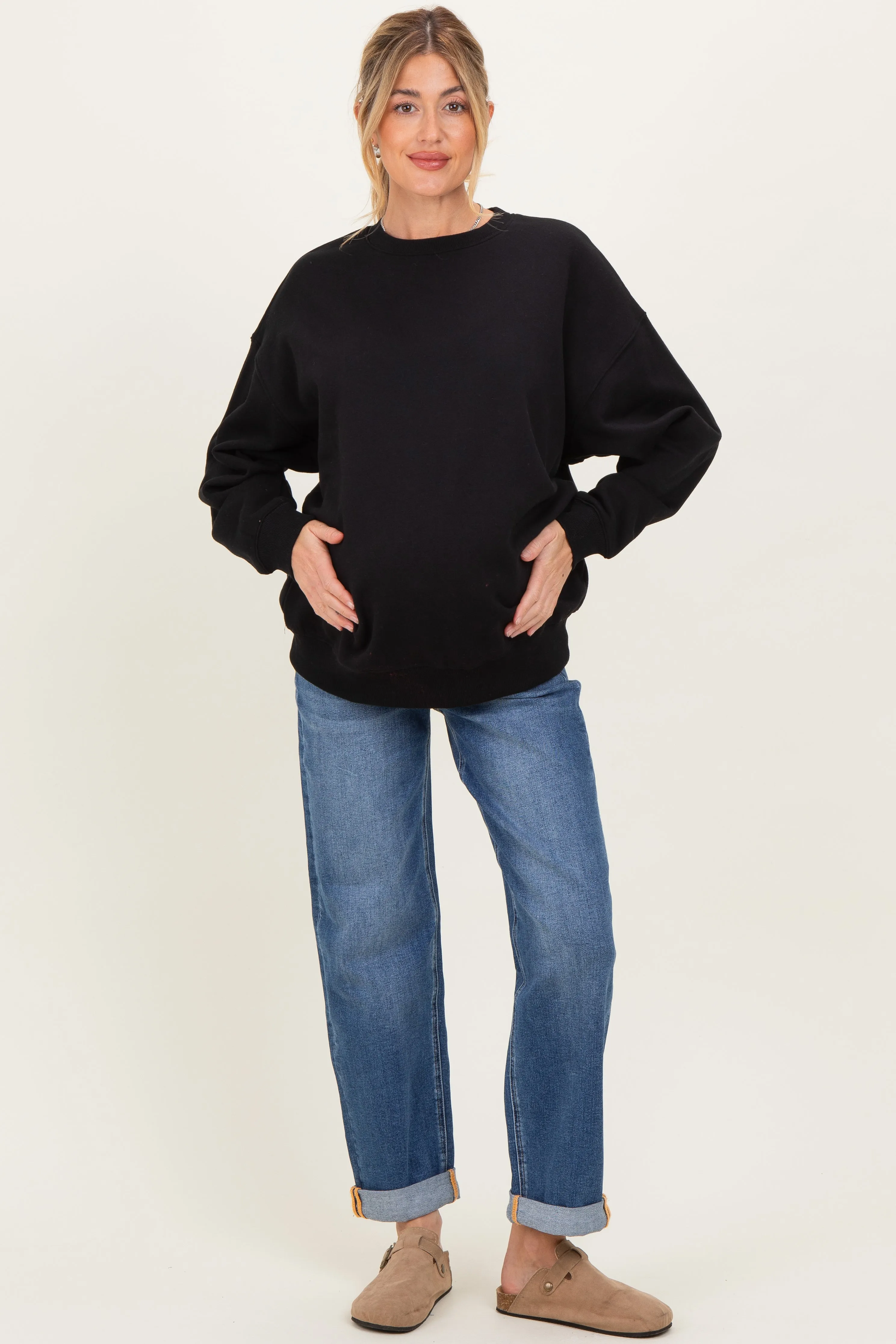 Navy Rolled Hem Maternity Boyfriend Jeans sold by Pinkblush product image thumbnail 2