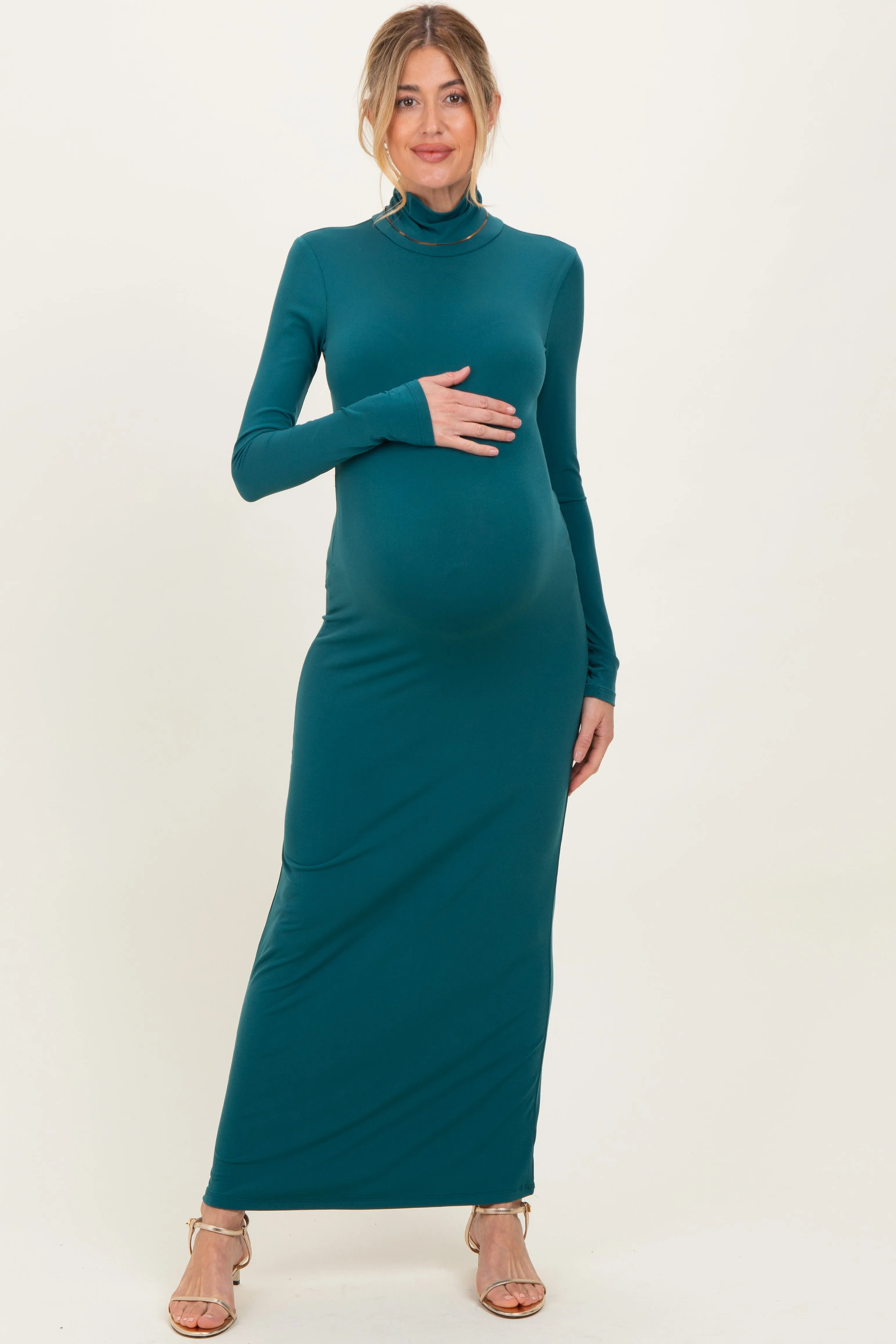 Green Turtleneck Long Sleeve Maternity Maxi Dress sold by Pinkblush