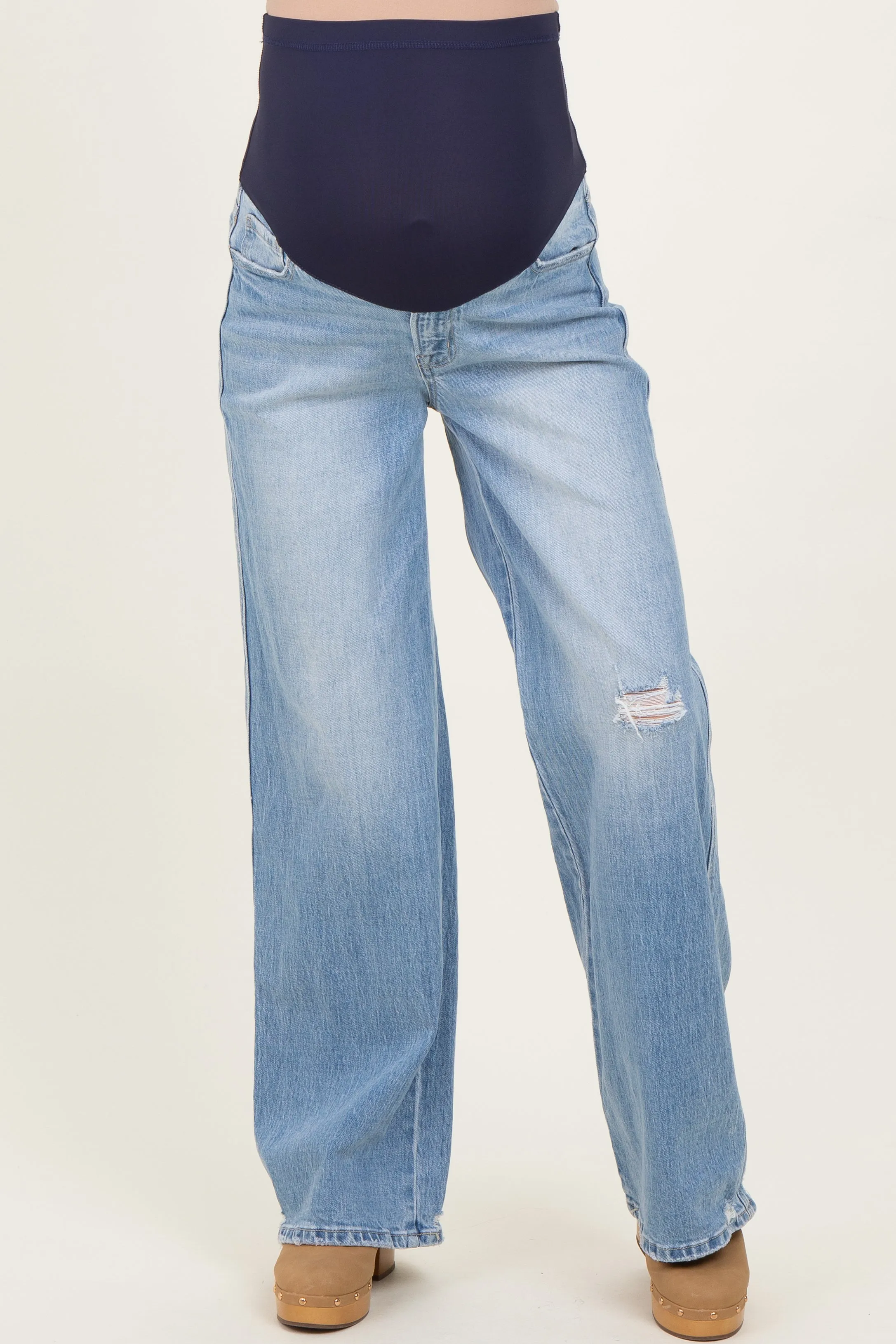 Light Blue Distressed Relaxed Wide Leg Maternity Jeans sold by Pinkblush product image thumbnail 2