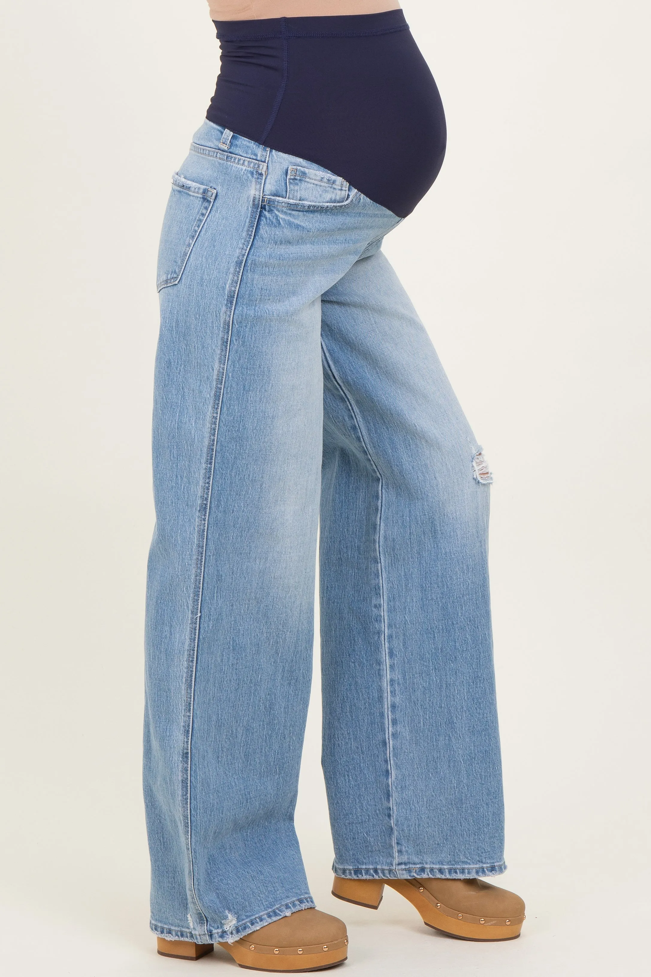 Light Blue Distressed Relaxed Wide Leg Maternity Jeans sold by Pinkblush product image thumbnail 3