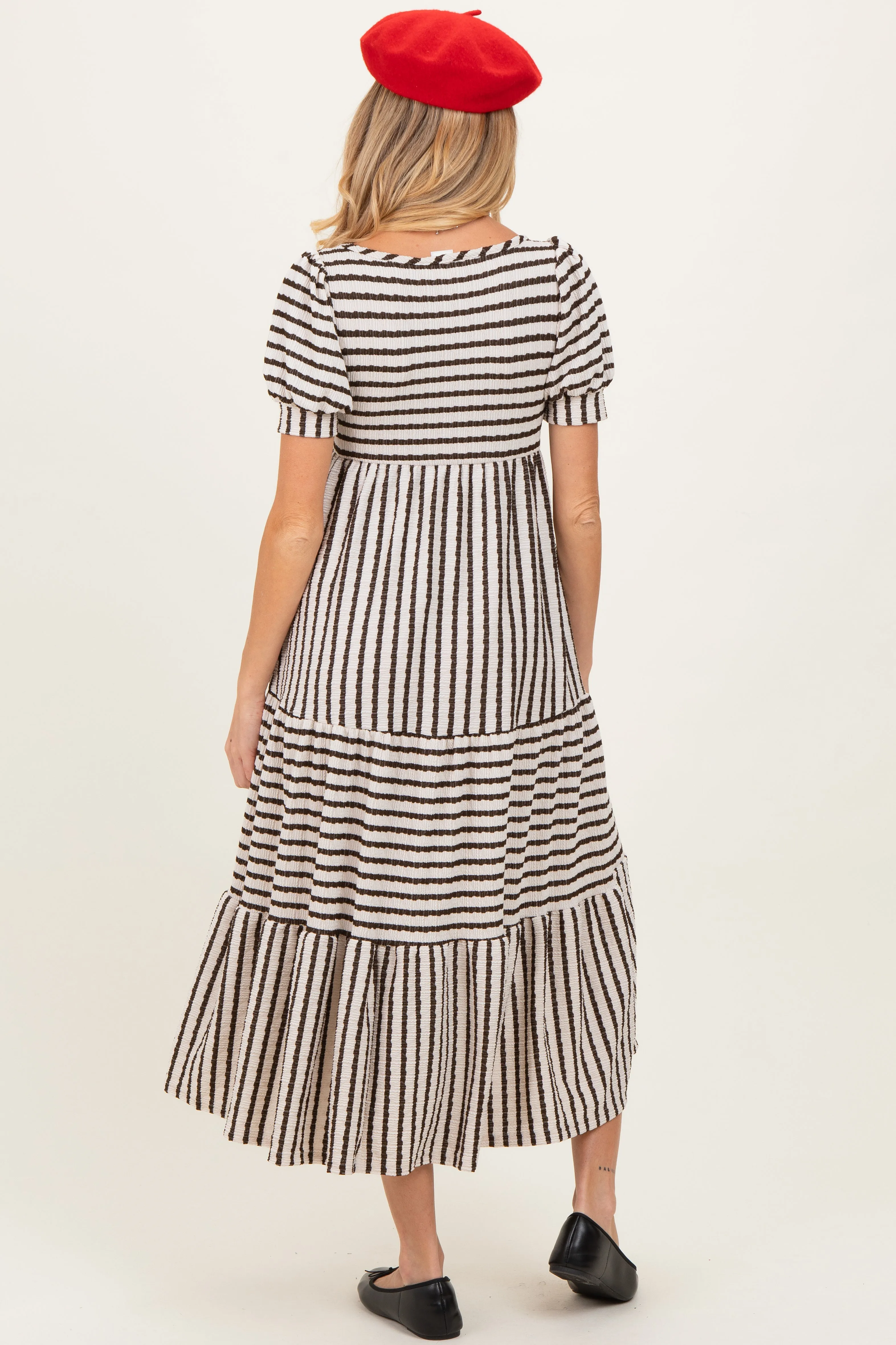 Cream/Olive Striped Short Sleeve Tiered Maternity Maxi Dress sold by Pinkblush product image thumbnail 3