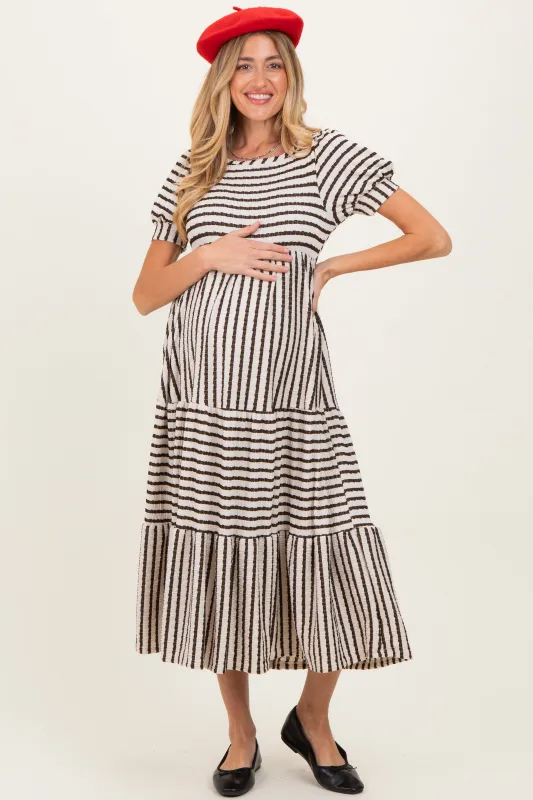 Cream/Olive Striped Short Sleeve Tiered Maternity Maxi Dress sold by Pinkblush
