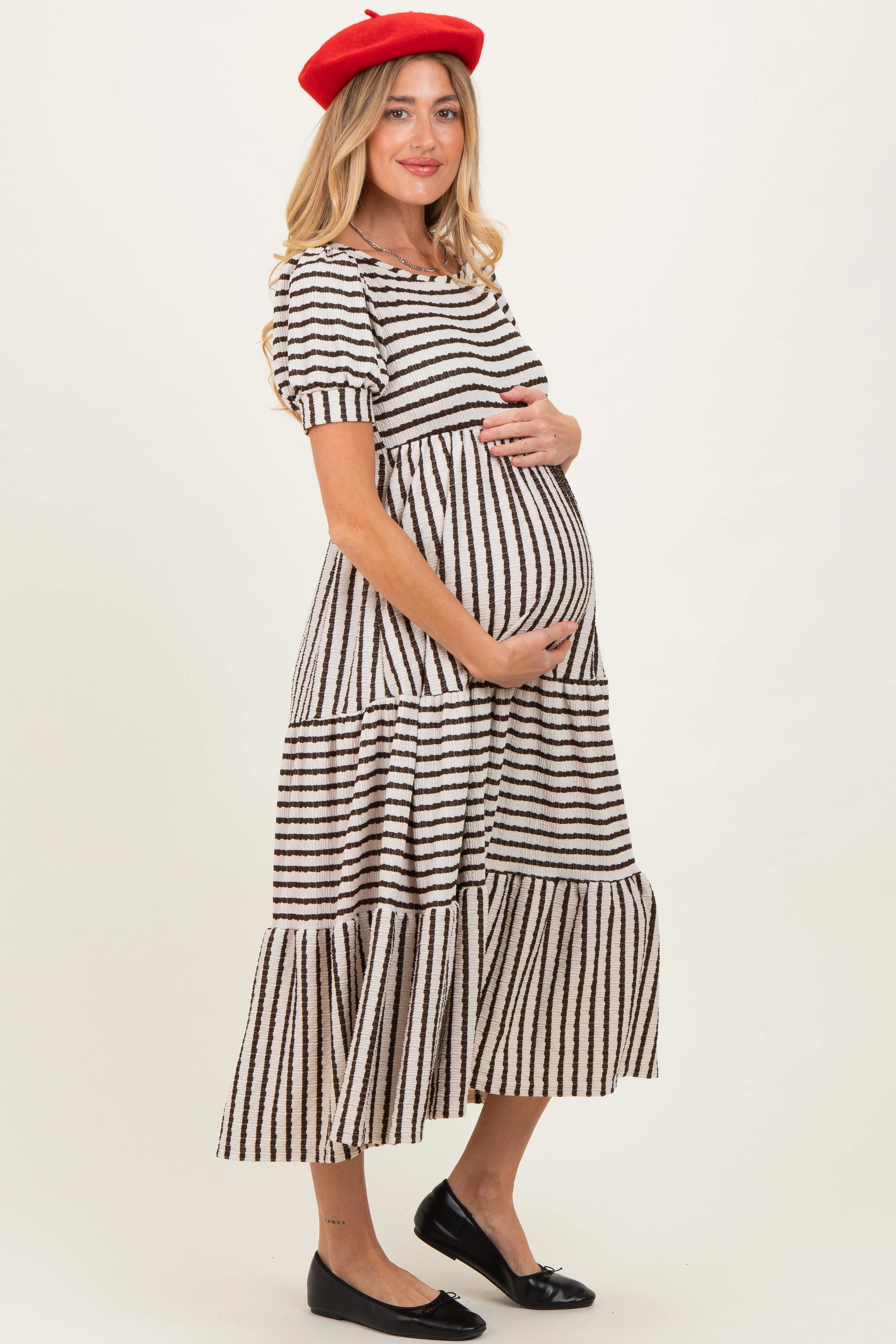 Cream/Olive Striped Short Sleeve Tiered Maternity Maxi Dress sold by Pinkblush product image thumbnail 2