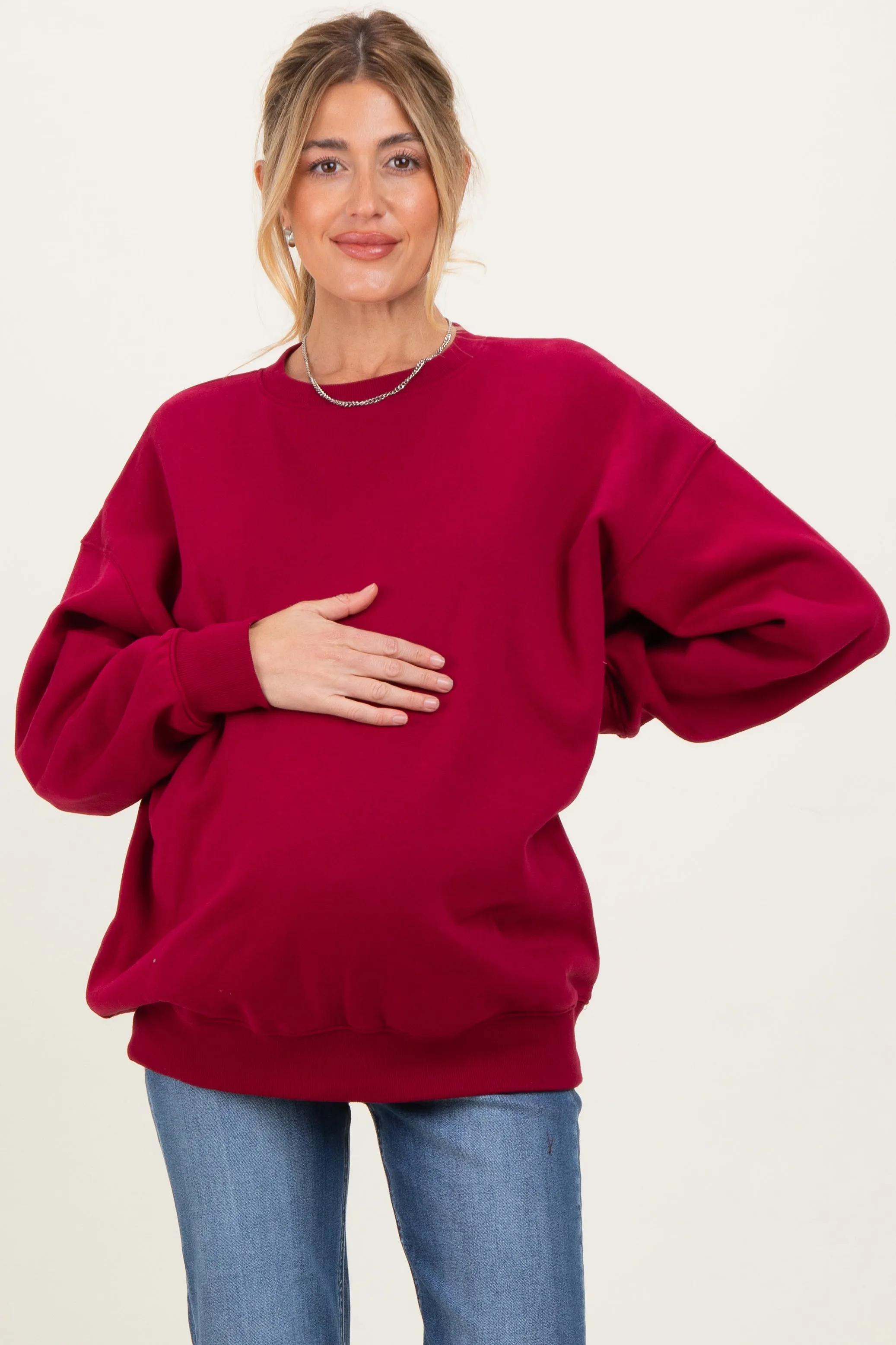 Red Oversized Maternity Fleece Sweatshirt sold by Pinkblush