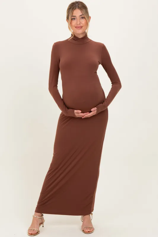 Camel Turtleneck Long Sleeve Maternity Maxi Dress sold by Pinkblush