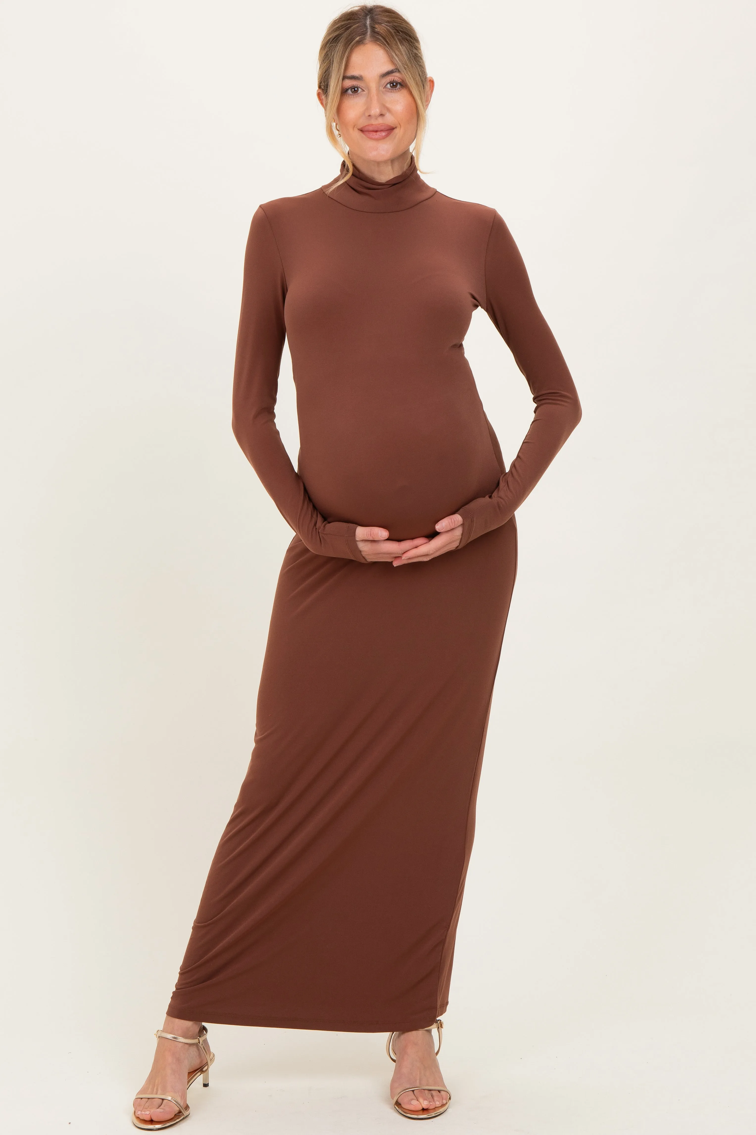 Camel Turtleneck Long Sleeve Maternity Maxi Dress sold by Pinkblush