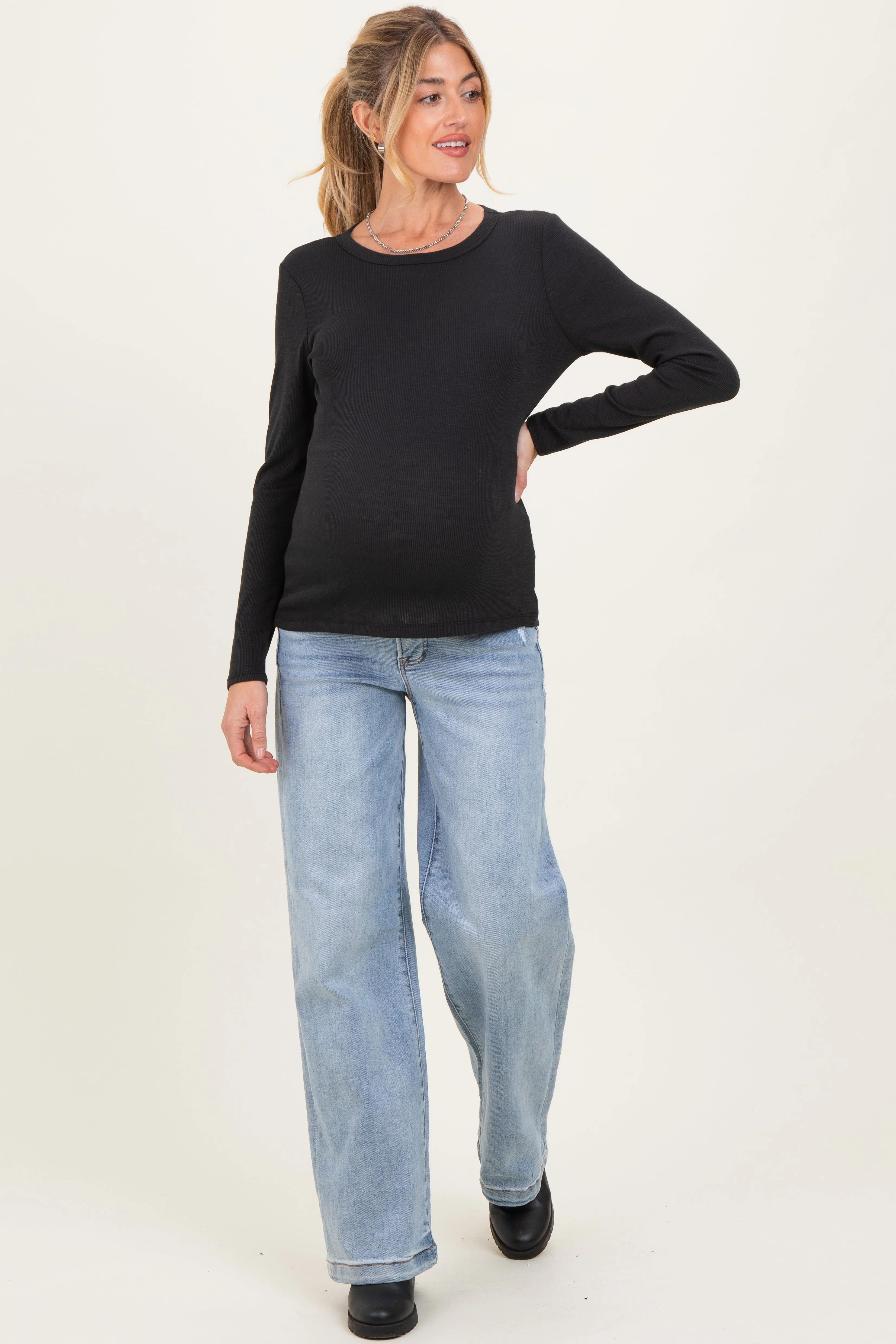 Light Blue Lightly Distressed Maternity Wide Leg Jeans sold by Pinkblush product image thumbnail 2