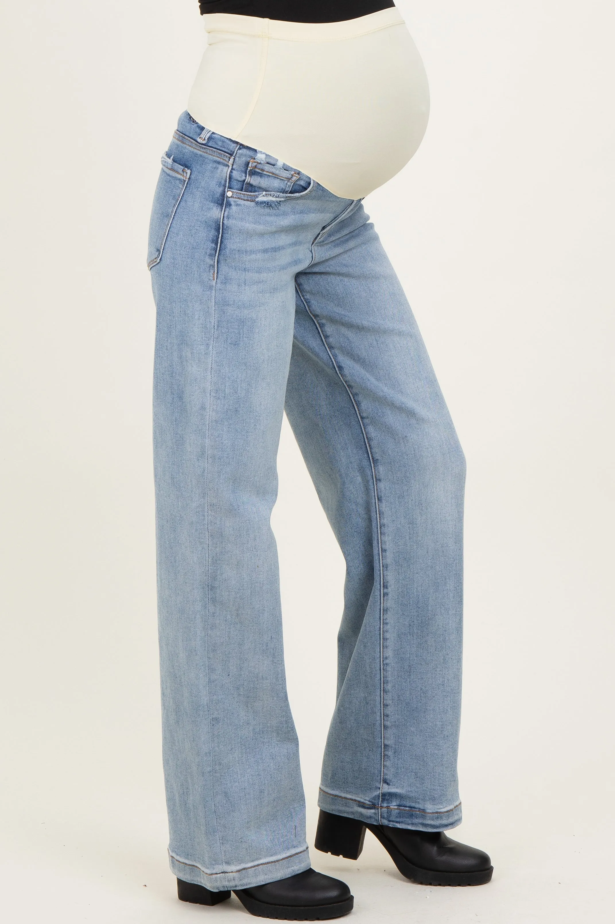 Light Blue Lightly Distressed Maternity Wide Leg Jeans sold by Pinkblush product image thumbnail 4