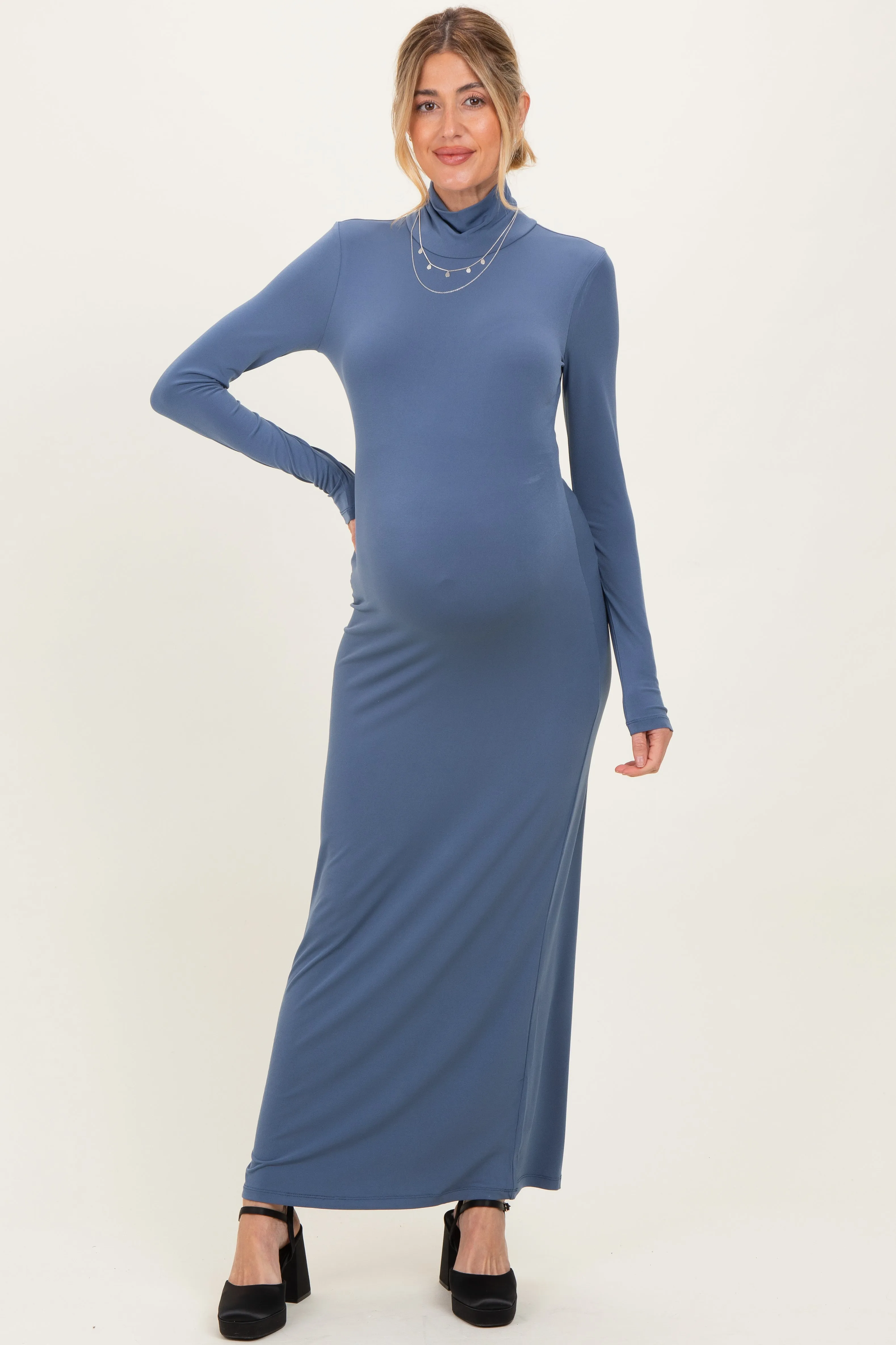 Blue Turtleneck Long Sleeve Maternity Maxi Dress sold by Pinkblush product image thumbnail 2
