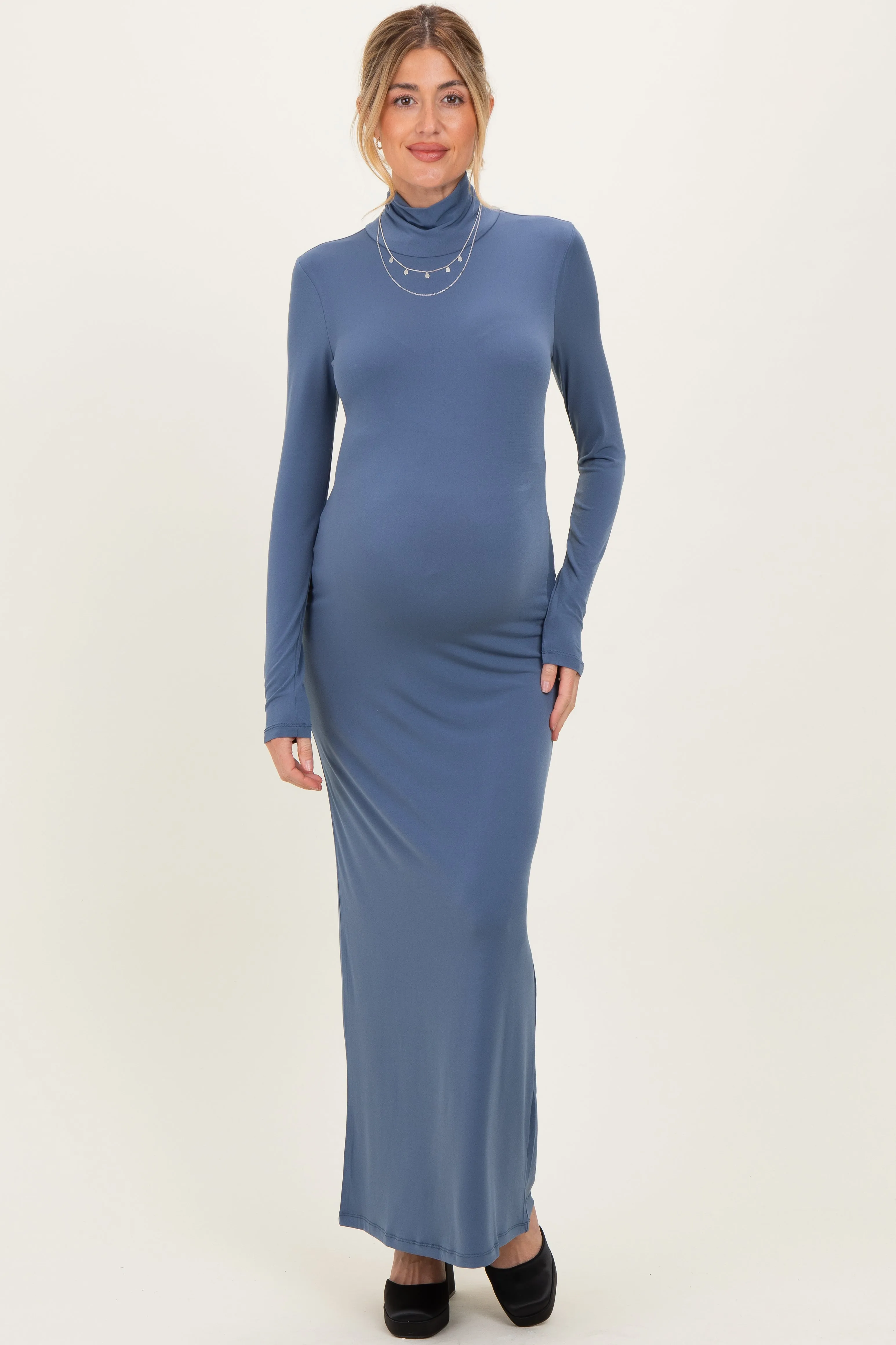 Blue Turtleneck Long Sleeve Maternity Maxi Dress sold by Pinkblush