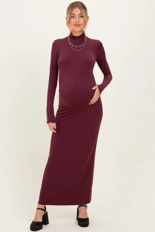 Burgundy Turtleneck Long Sleeve Maternity Maxi Dress sold by Pinkblush