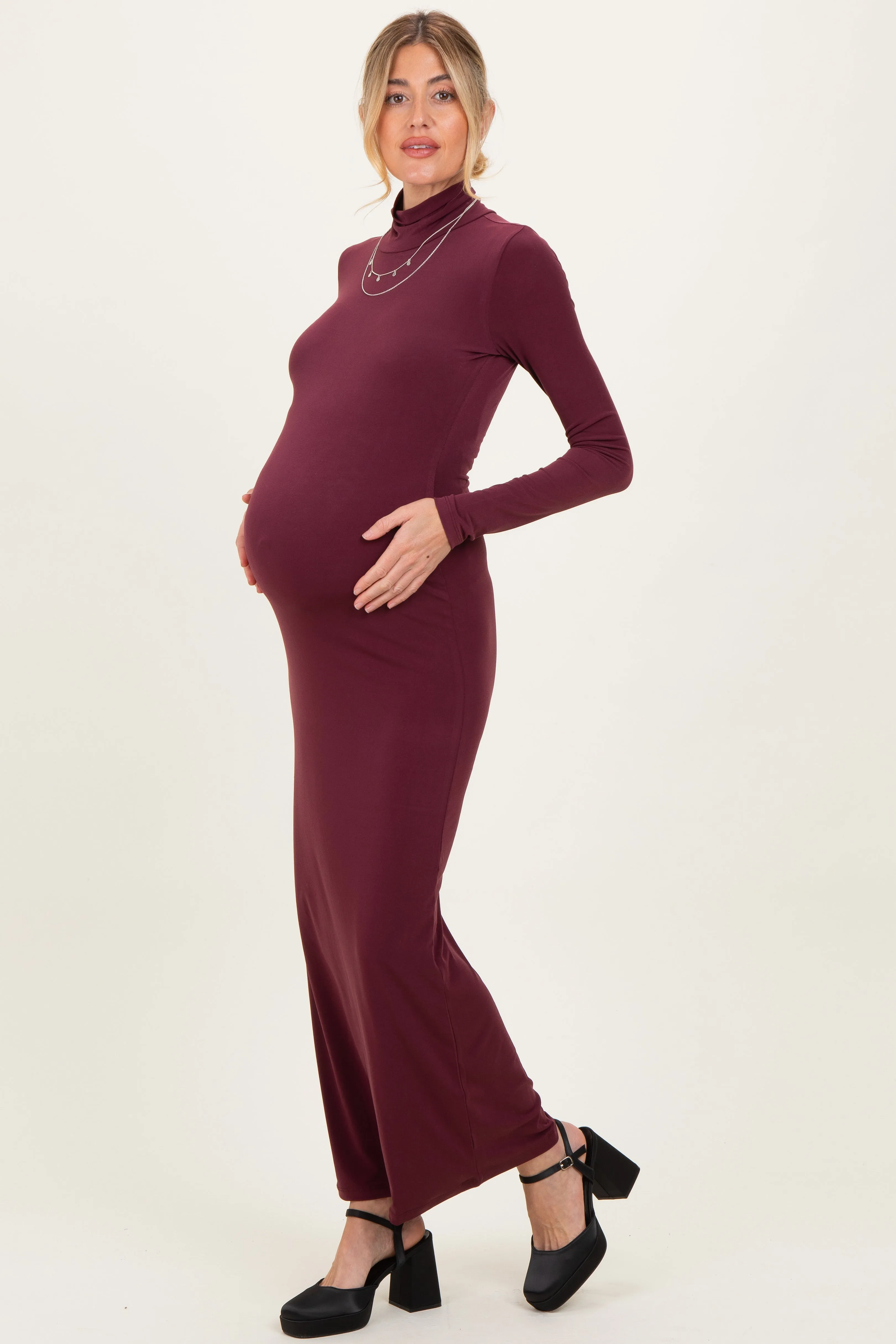 Burgundy Turtleneck Long Sleeve Maternity Maxi Dress sold by Pinkblush product image thumbnail 2