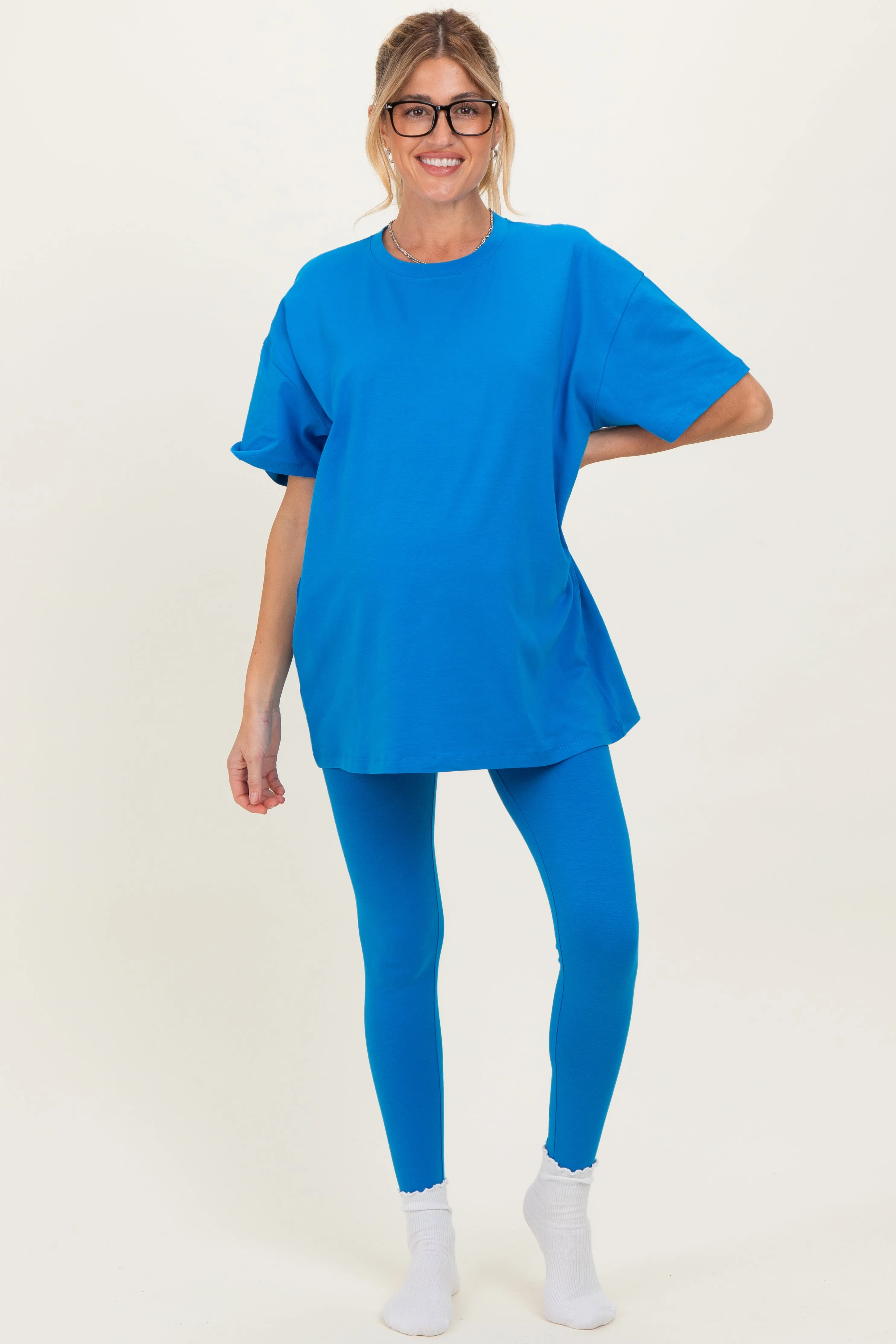 Ocean Blue Oversized Crewneck Short Sleeve and Legging Maternity Set sold by Pinkblush