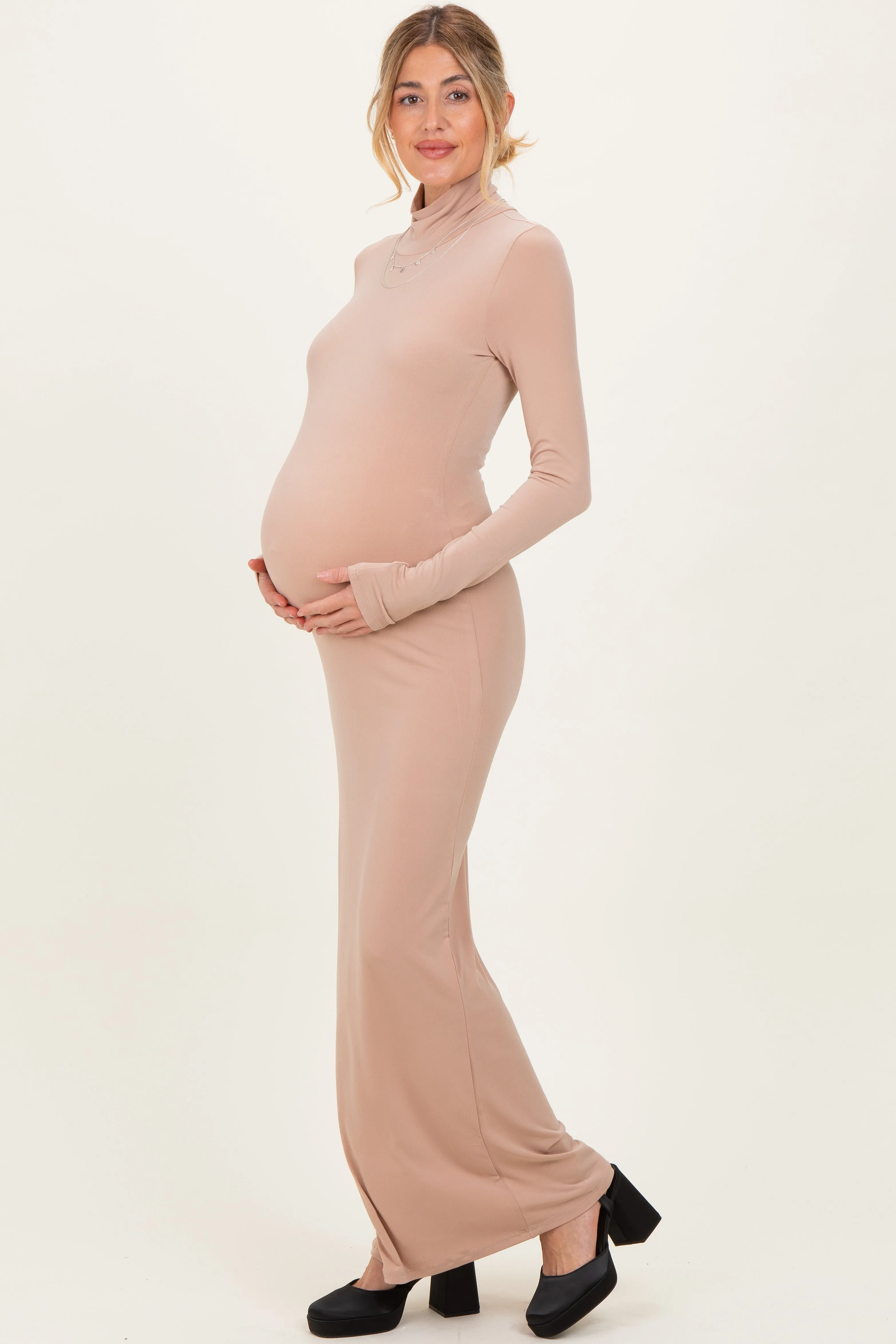 Beige Turtleneck Long Sleeve Maternity Maxi Dress sold by Pinkblush product image thumbnail 3