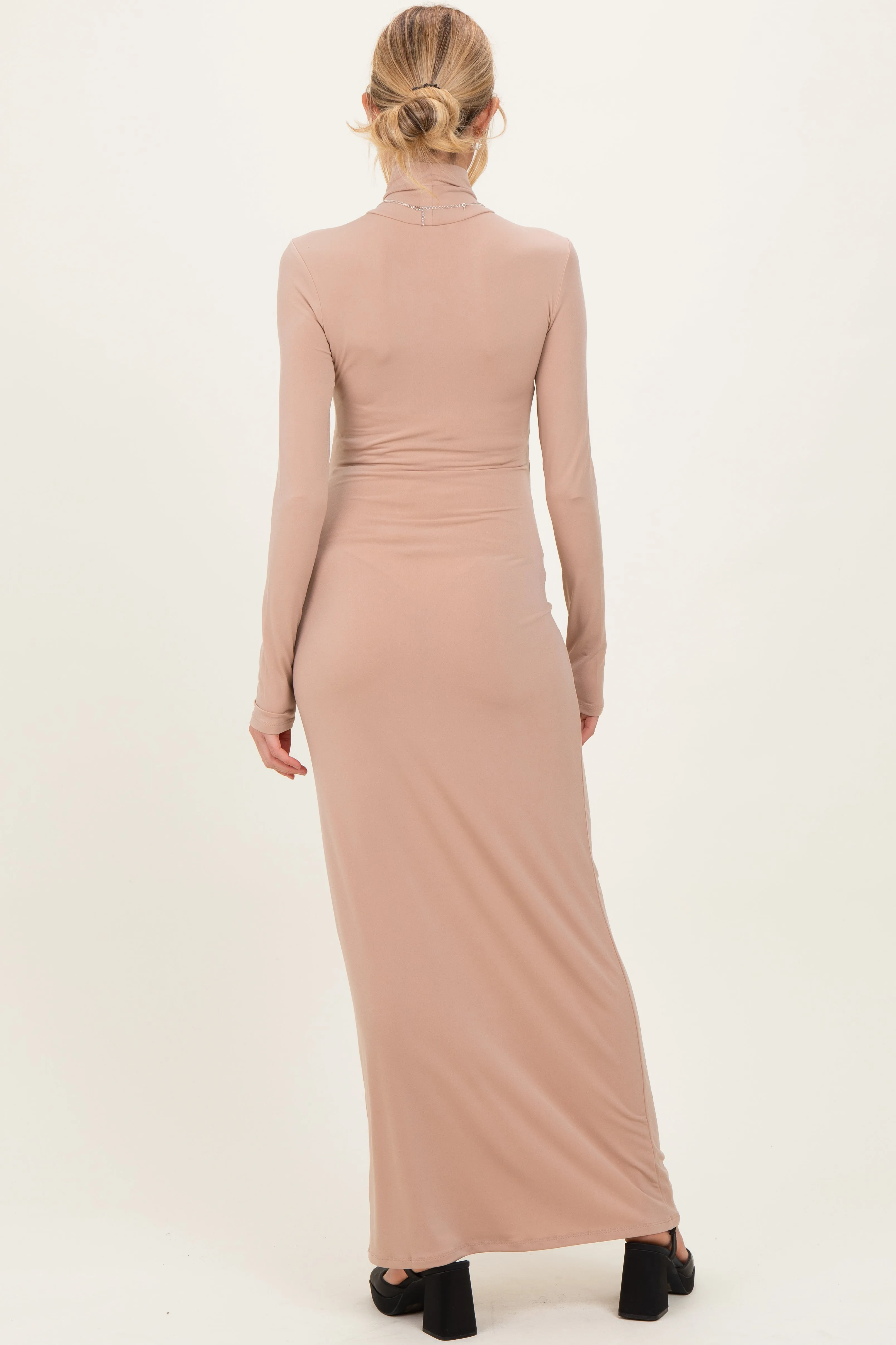 Beige Turtleneck Long Sleeve Maternity Maxi Dress sold by Pinkblush product image thumbnail 4