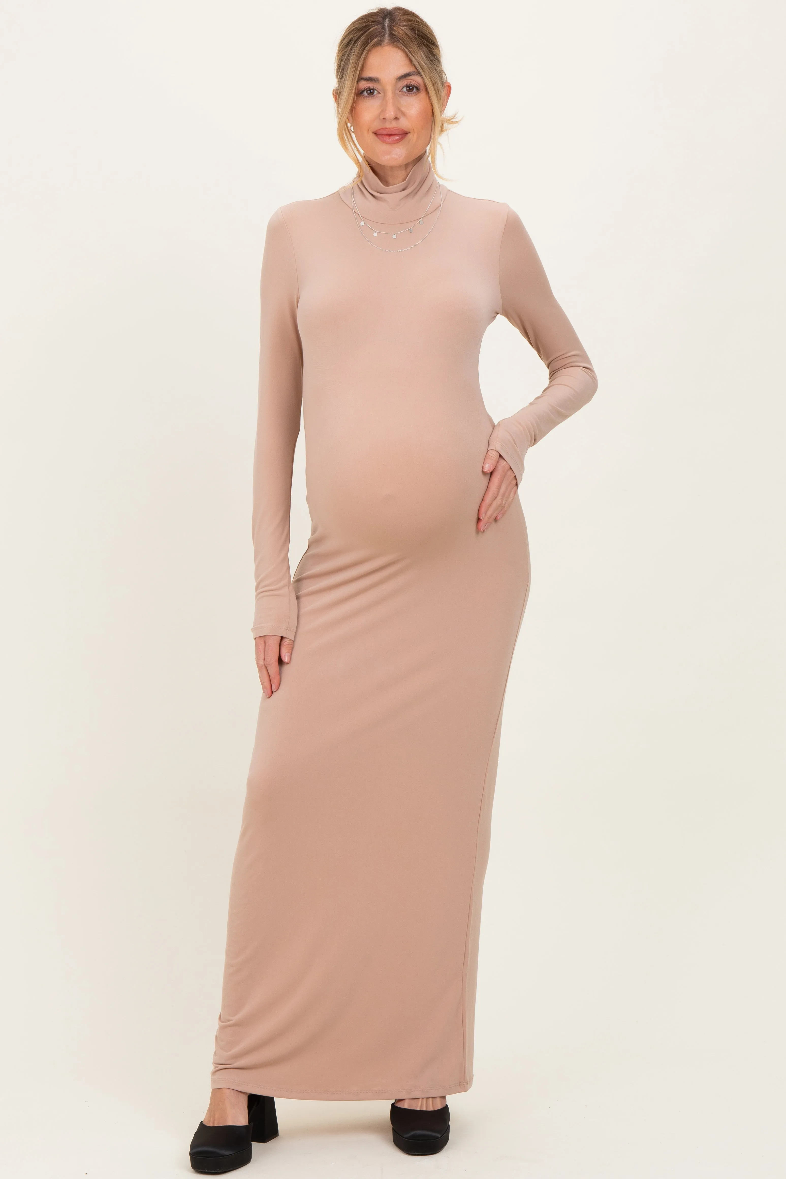 Beige Turtleneck Long Sleeve Maternity Maxi Dress sold by Pinkblush