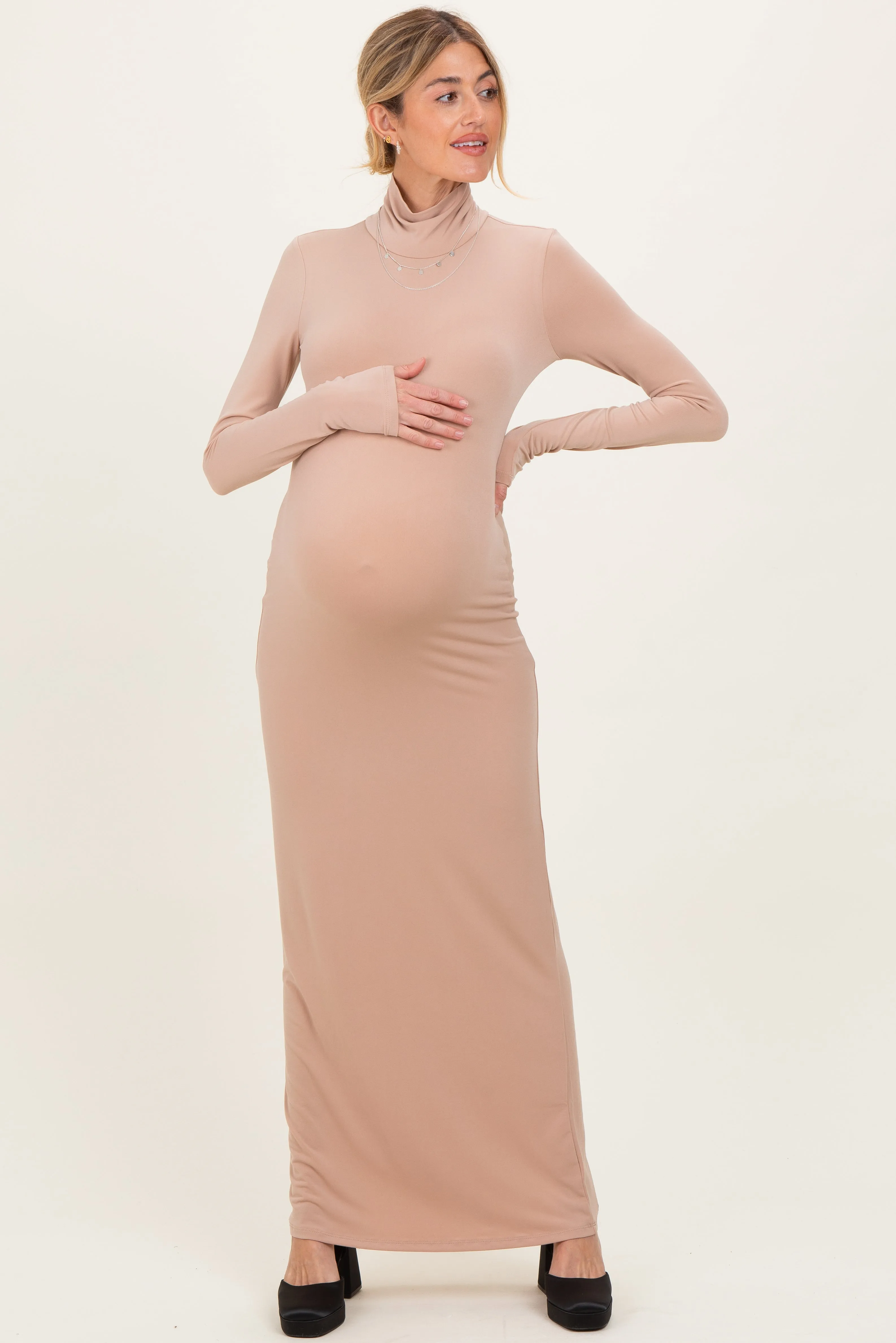 Beige Turtleneck Long Sleeve Maternity Maxi Dress sold by Pinkblush product image thumbnail 2