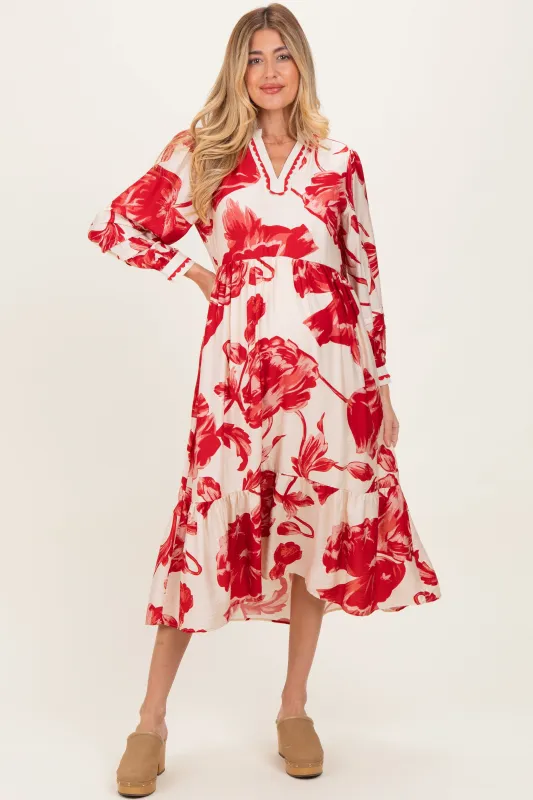 Cream/Red Big Floral Print Maternity Midi Dress sold by Pinkblush